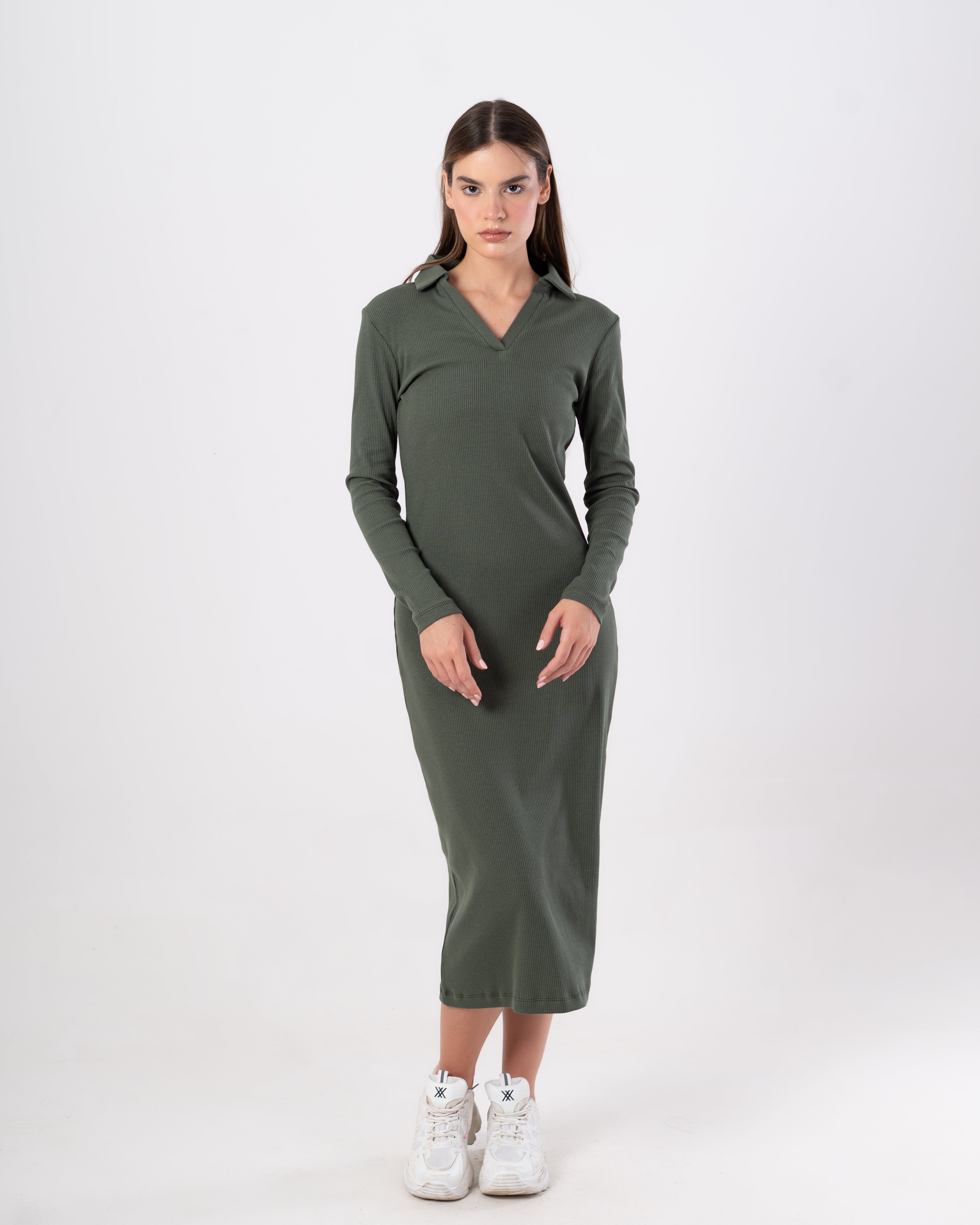 Ribbed Solid Dress – Wide Neckline