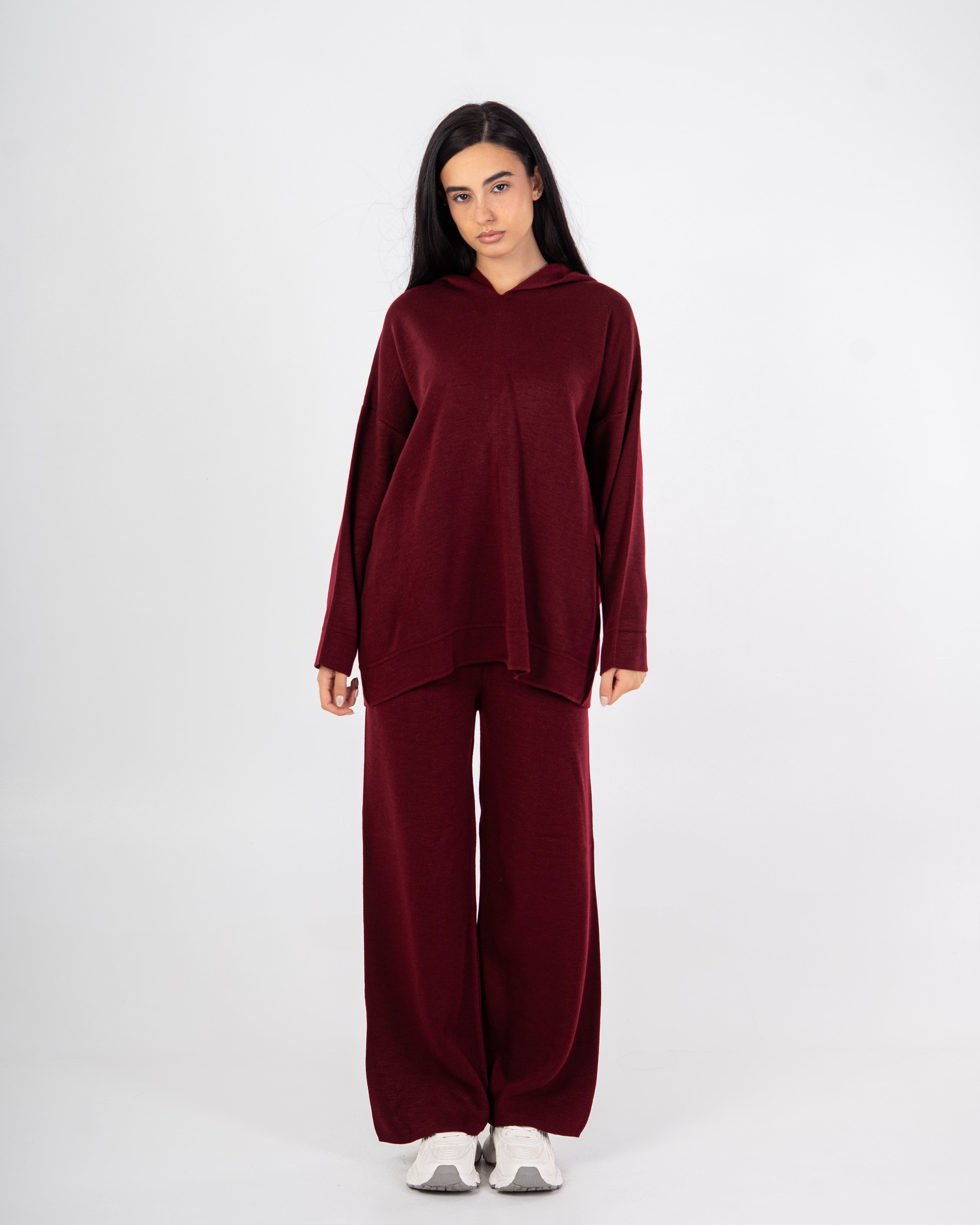 Knitwear plain suit with a hood