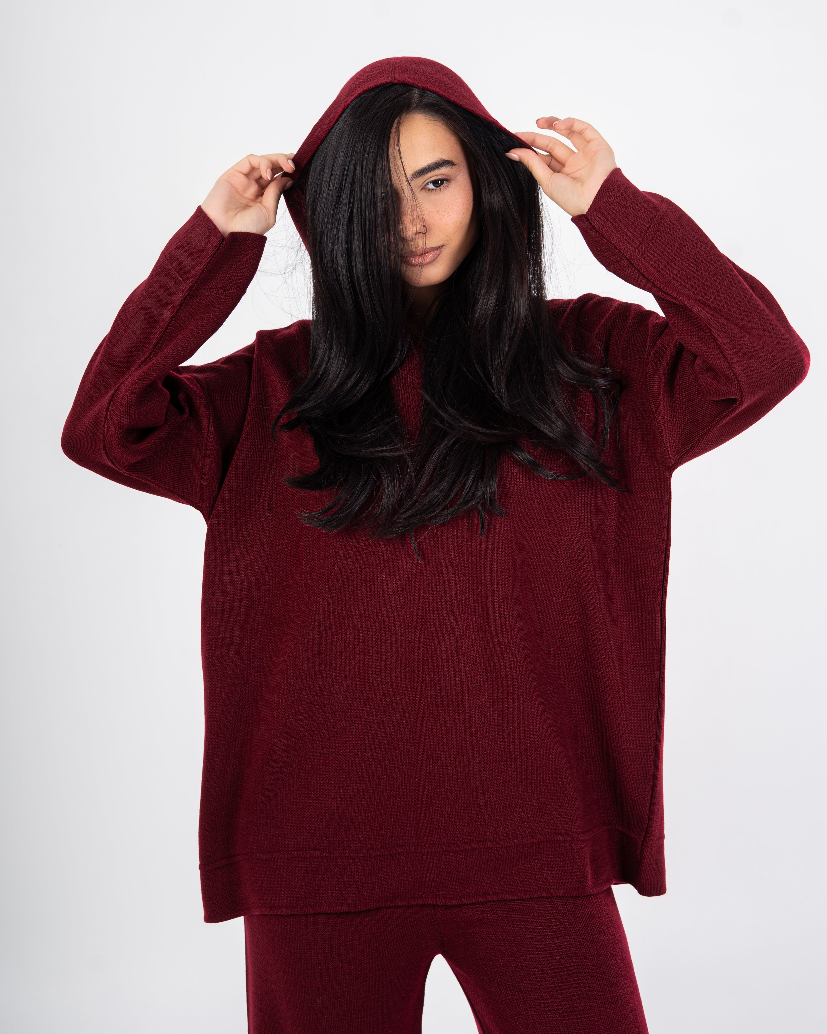 Knitwear plain suit with a hood