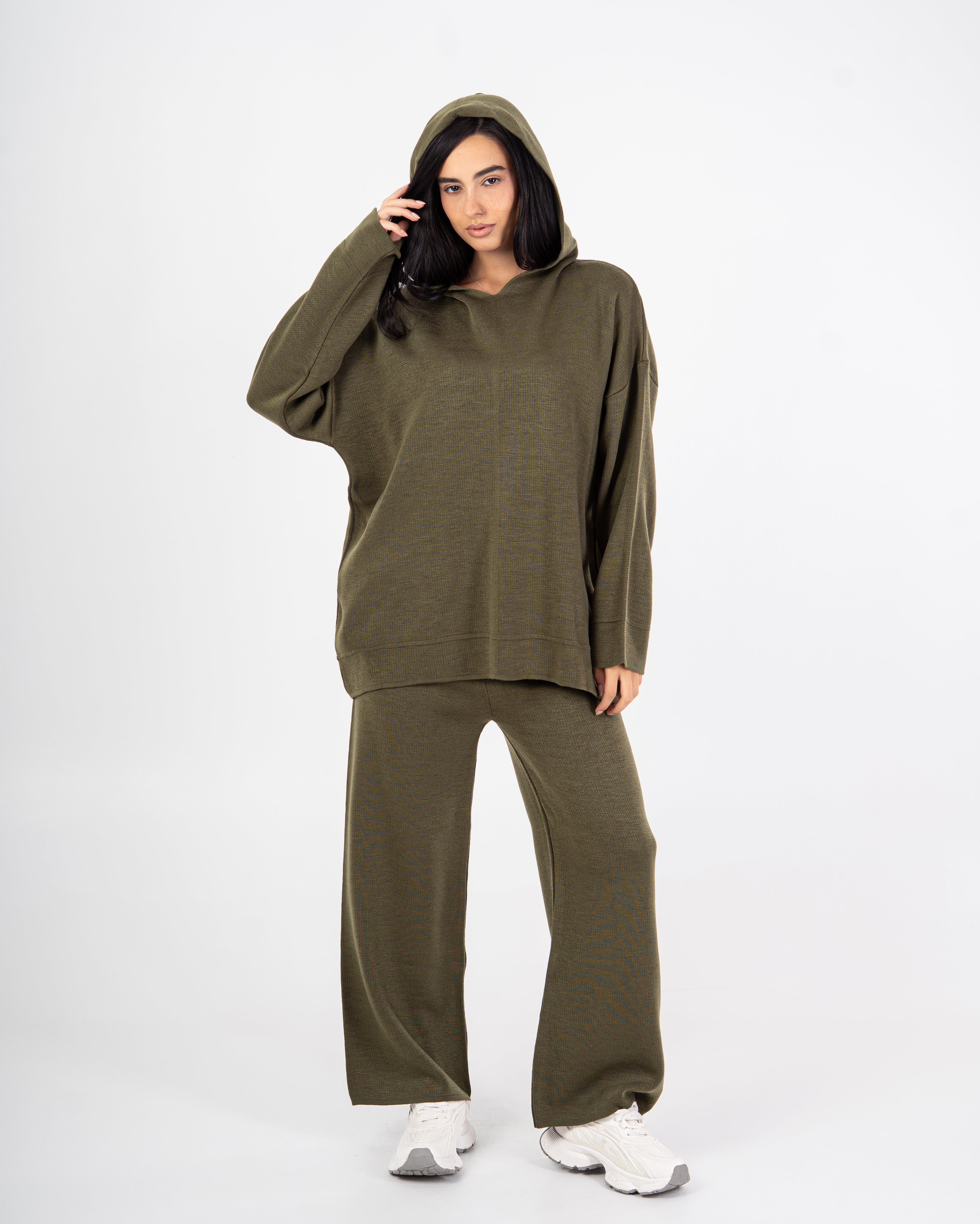 Knitwear plain suit with a hood