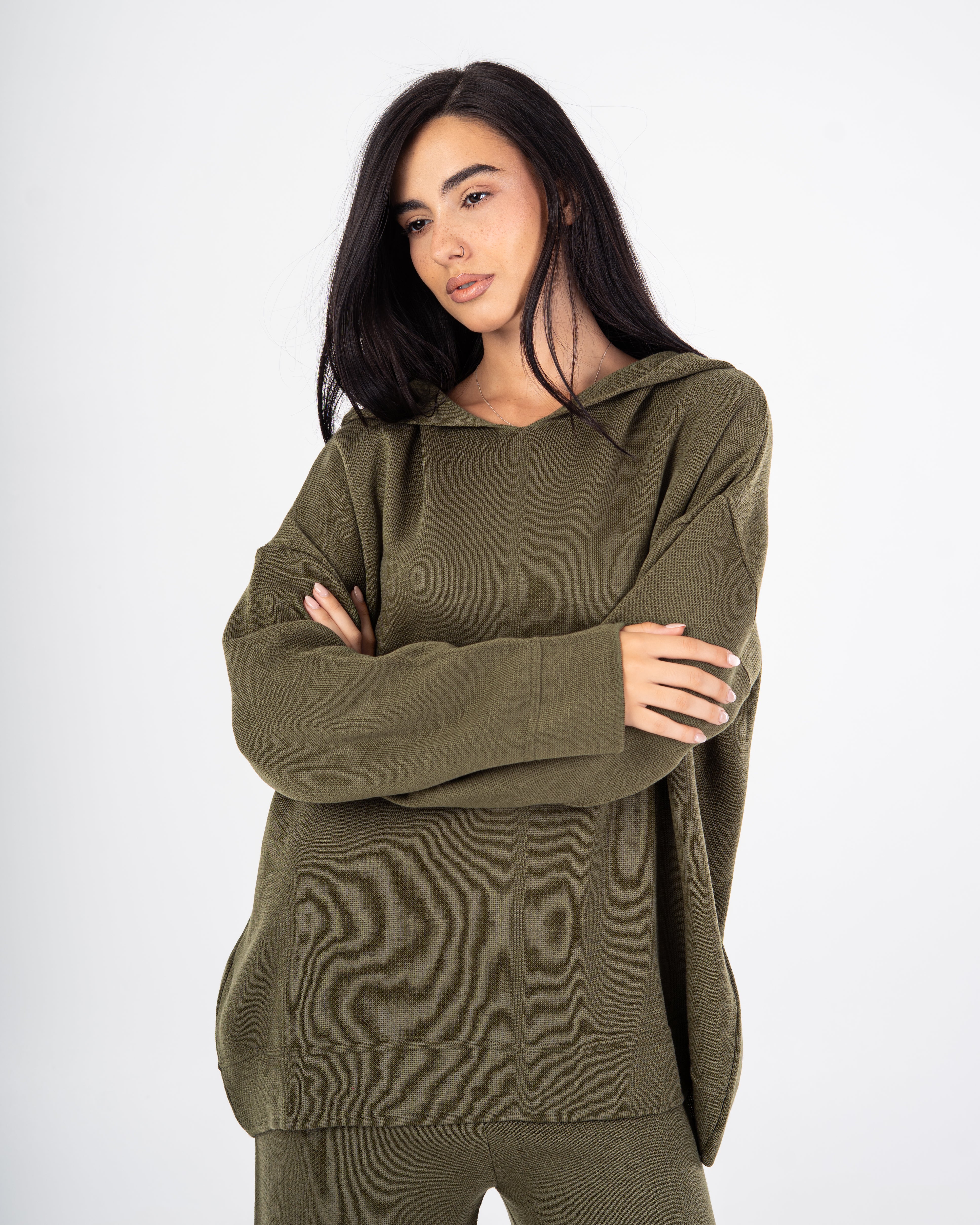 Knitwear plain suit with a hood