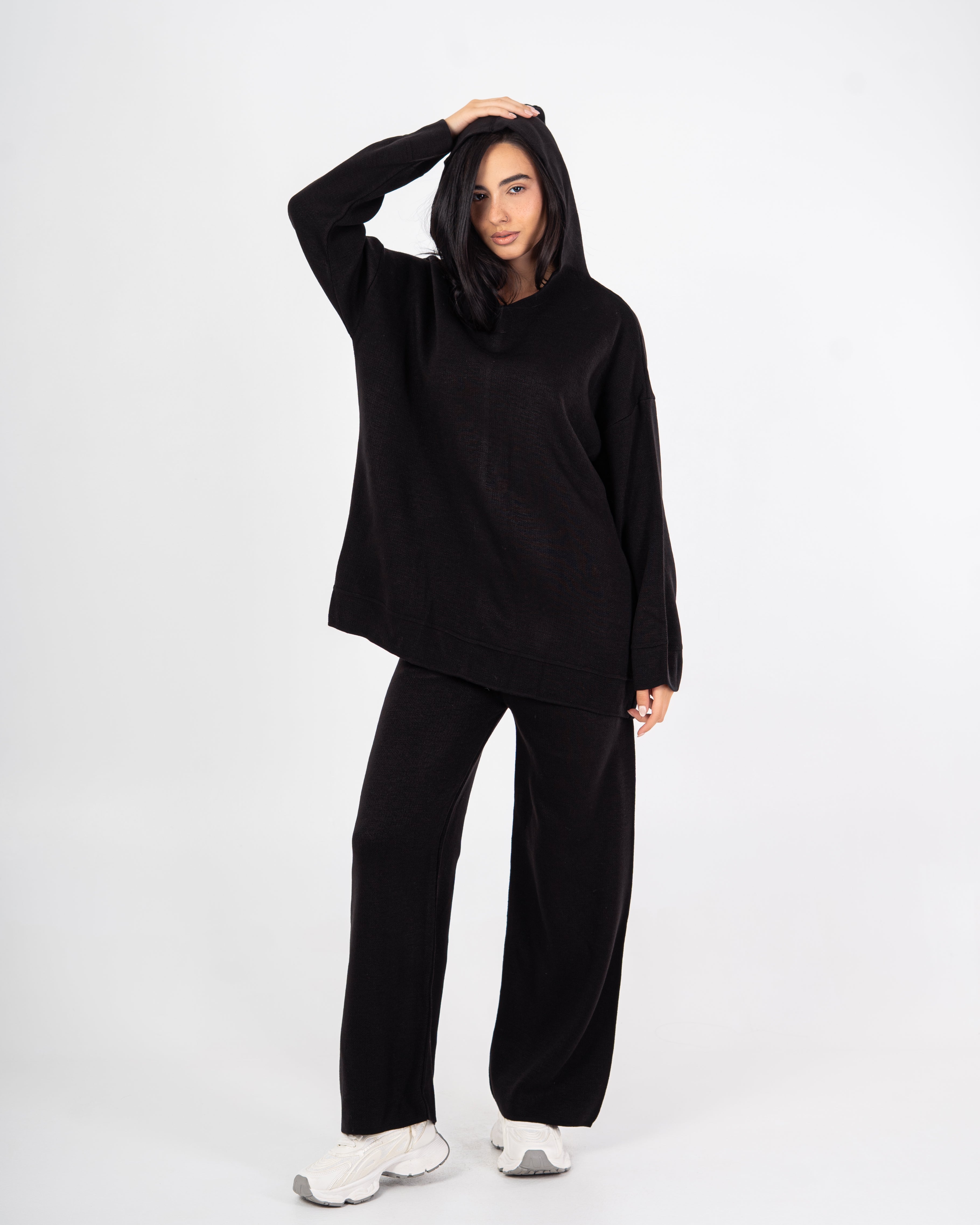 Knitwear plain suit with a hood