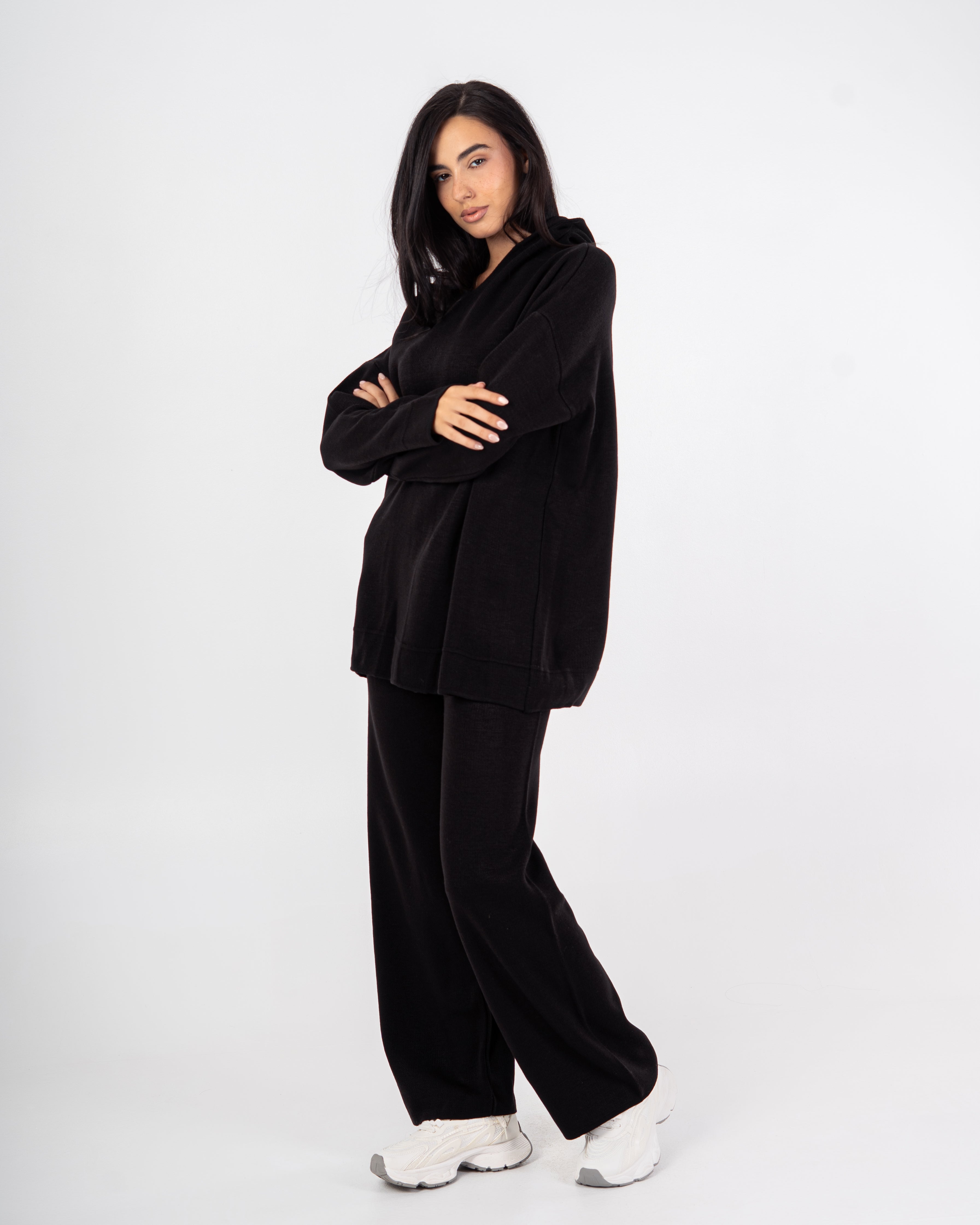 Knitwear plain suit with a hood