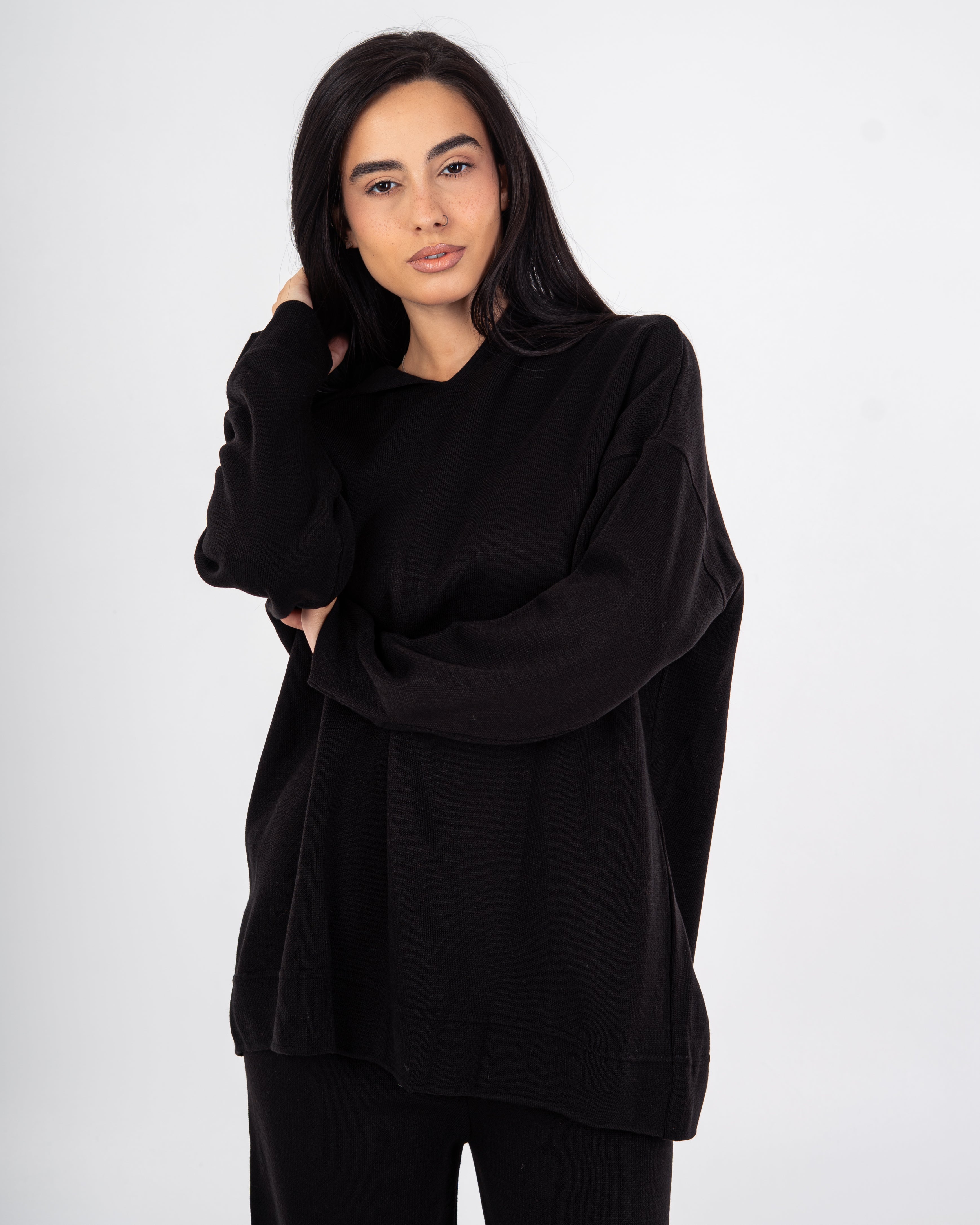 Knitwear plain suit with a hood