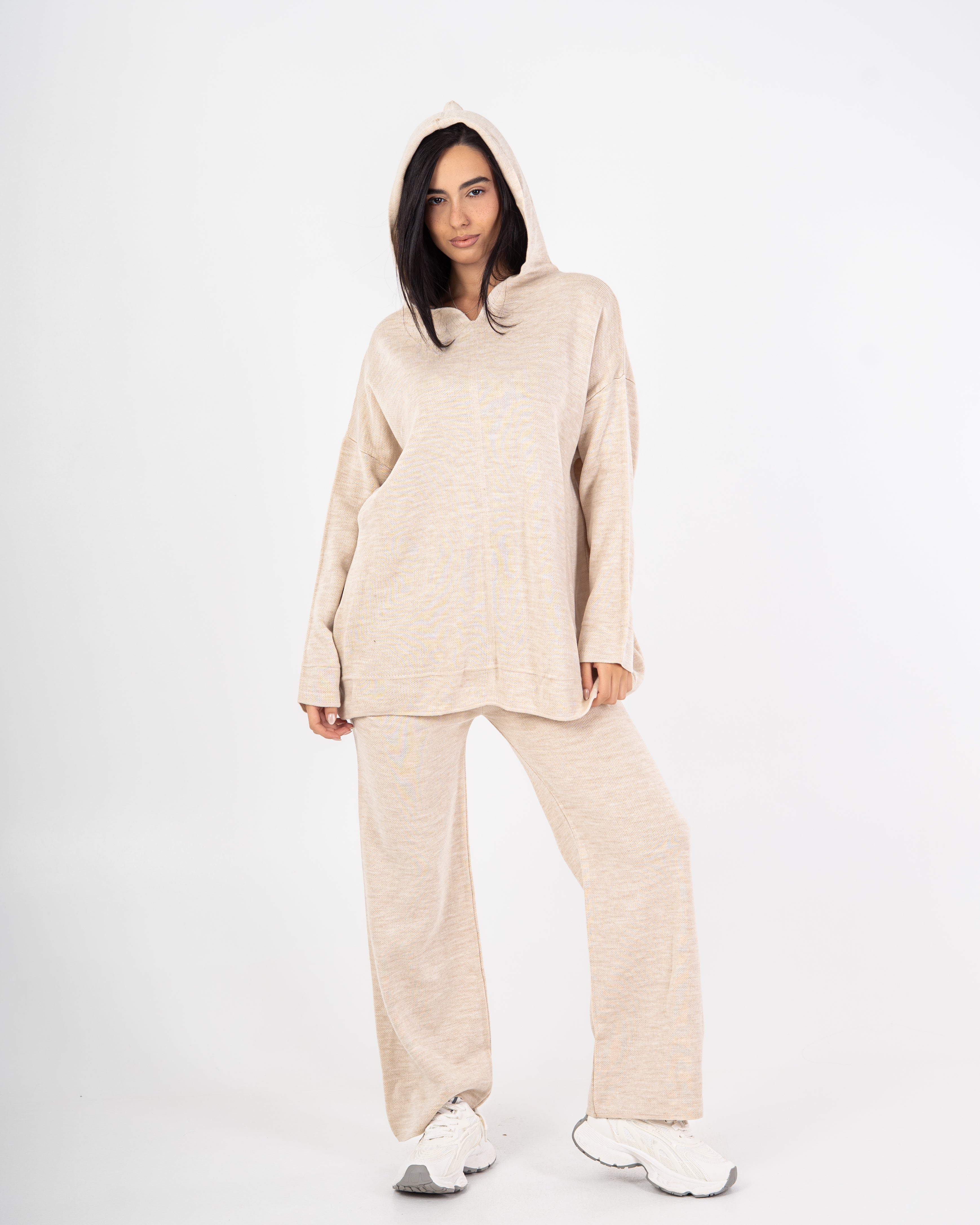 Knitwear plain suit with a hood