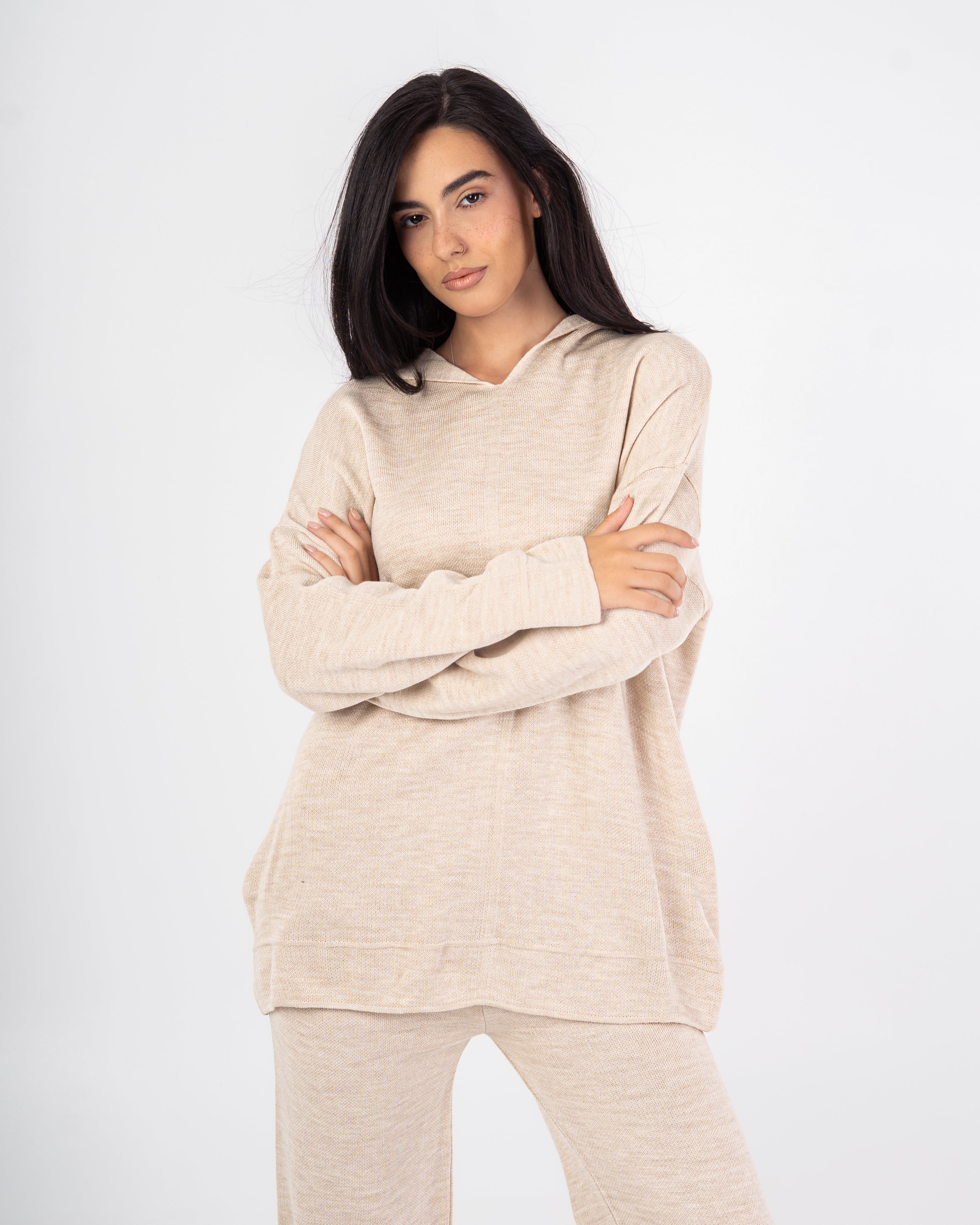 Knitwear plain suit with a hood