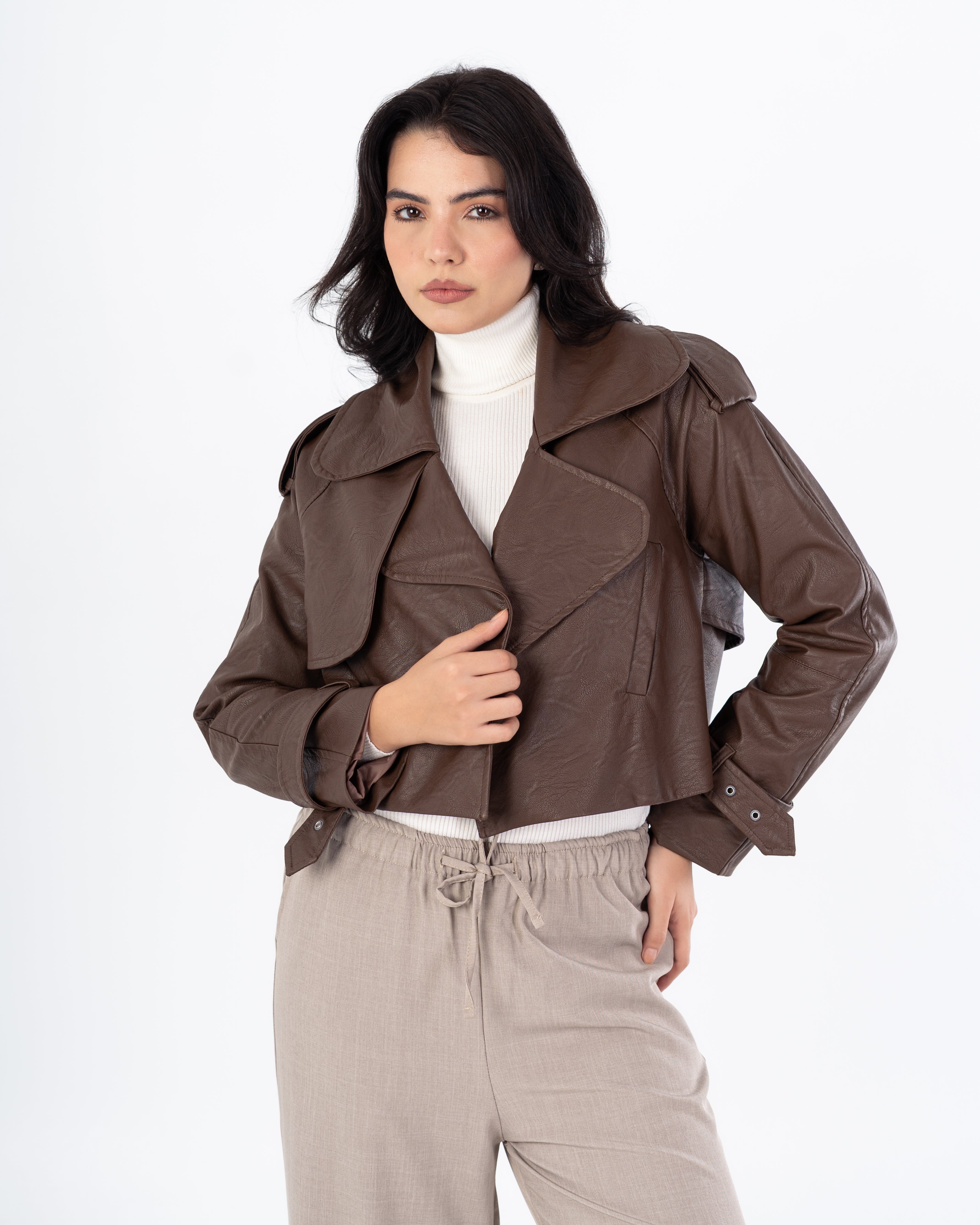 Short Leather Jacket – Side Slit Pocket (Cuffed Sleeves)
