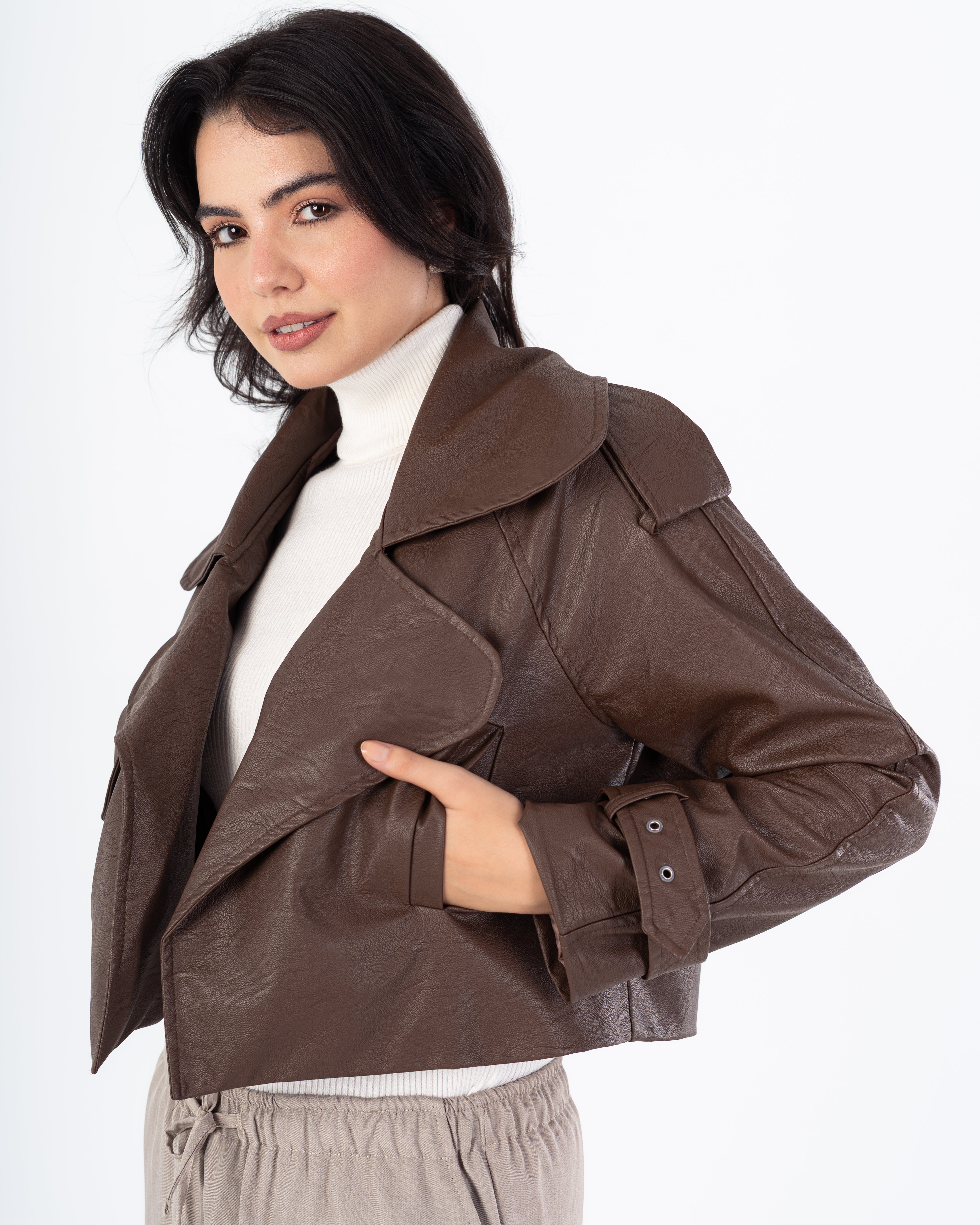 Short Leather Jacket – Side Slit Pocket (Cuffed Sleeves)