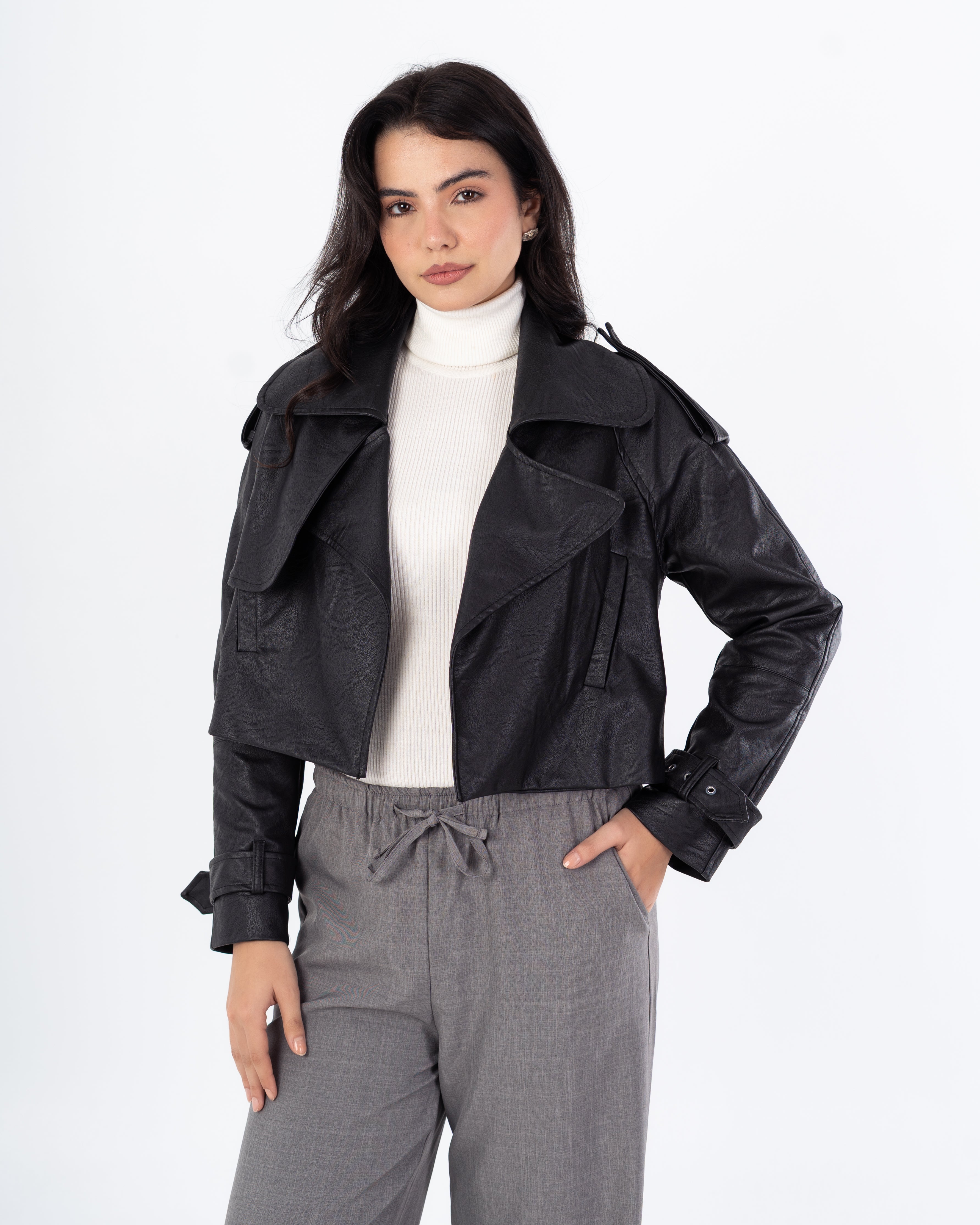 Short Leather Jacket – Side Slit Pocket (Cuffed Sleeves)
