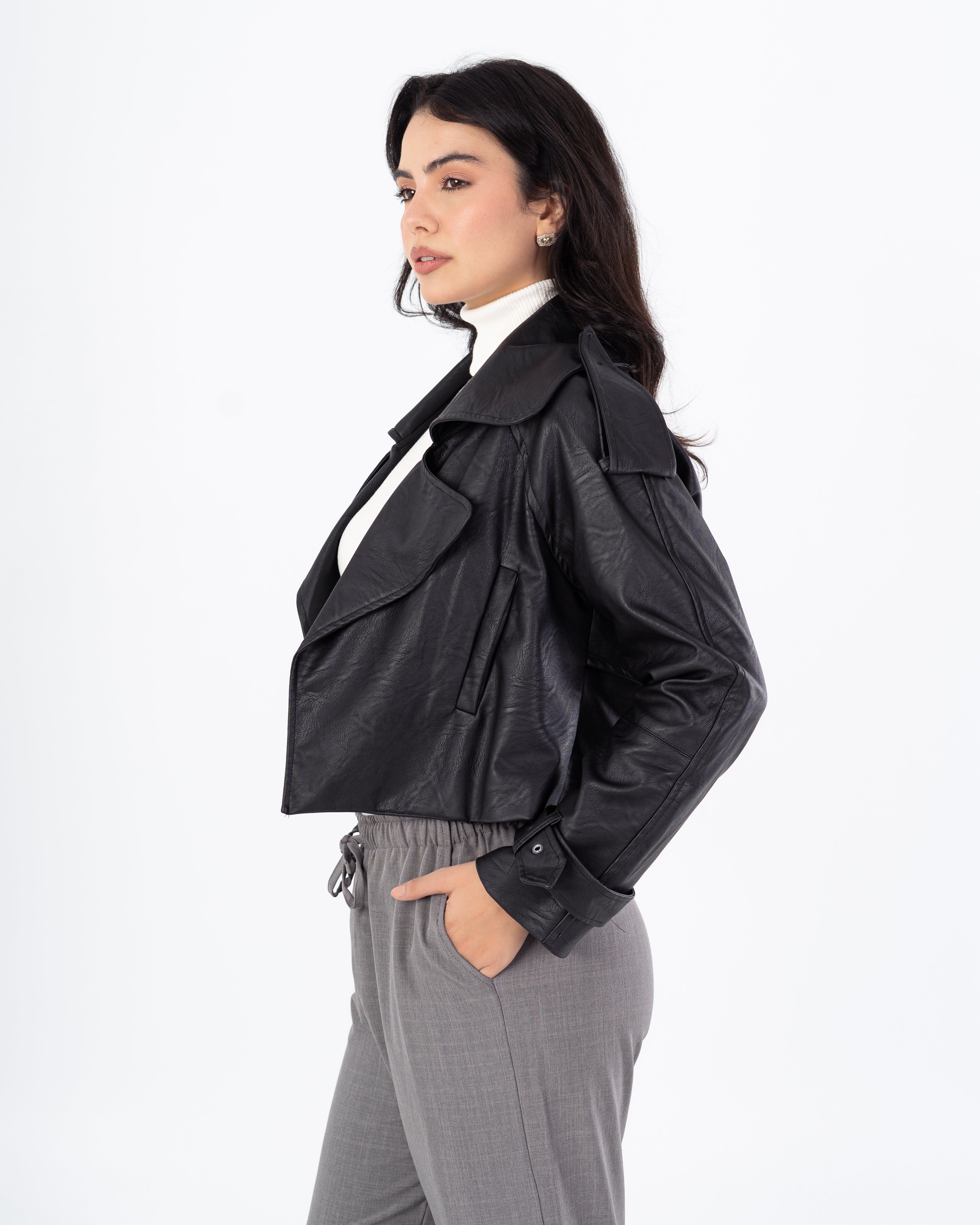 Short Leather Jacket – Side Slit Pocket (Cuffed Sleeves)