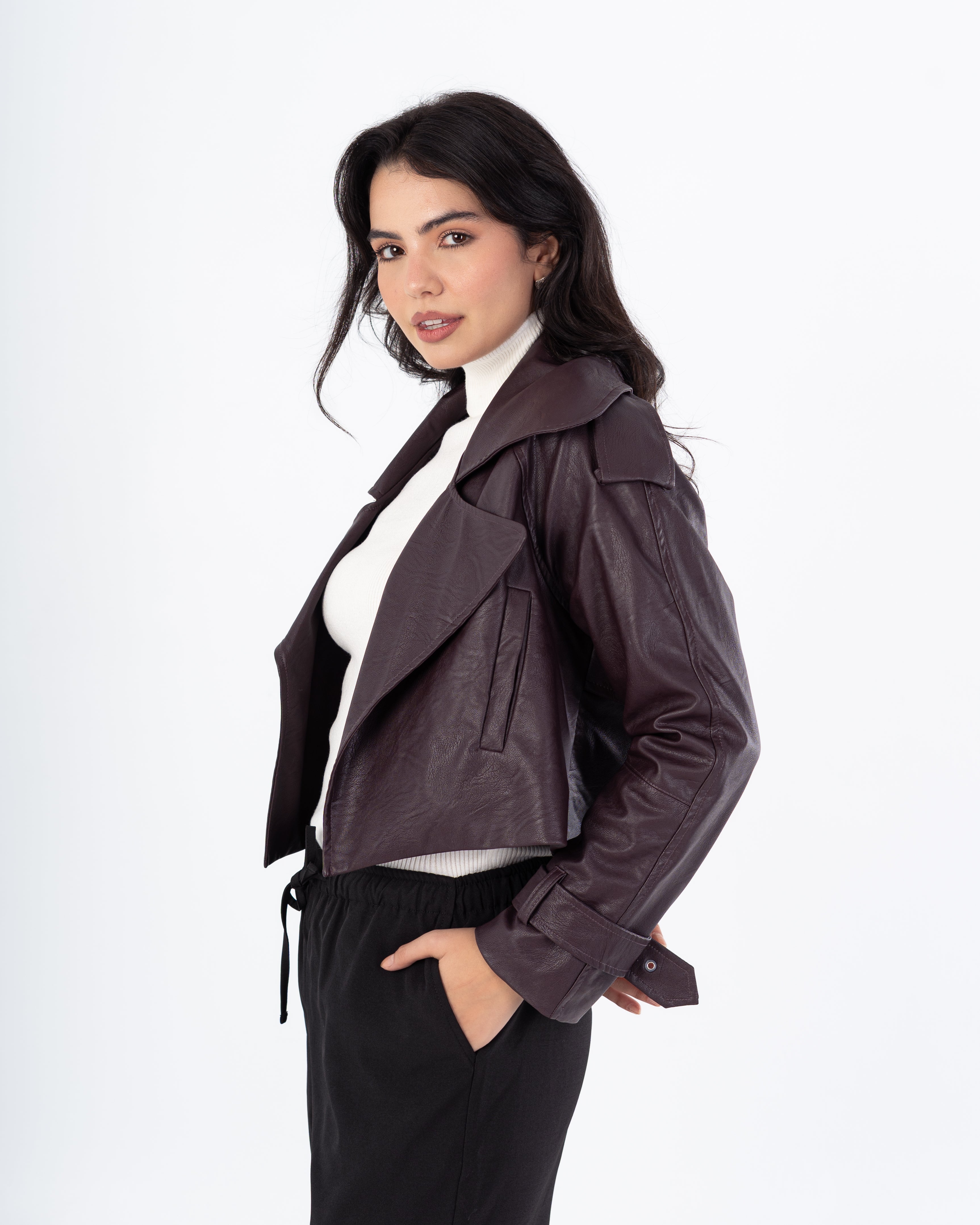 Short Leather Jacket – Side Slit Pocket (Cuffed Sleeves)