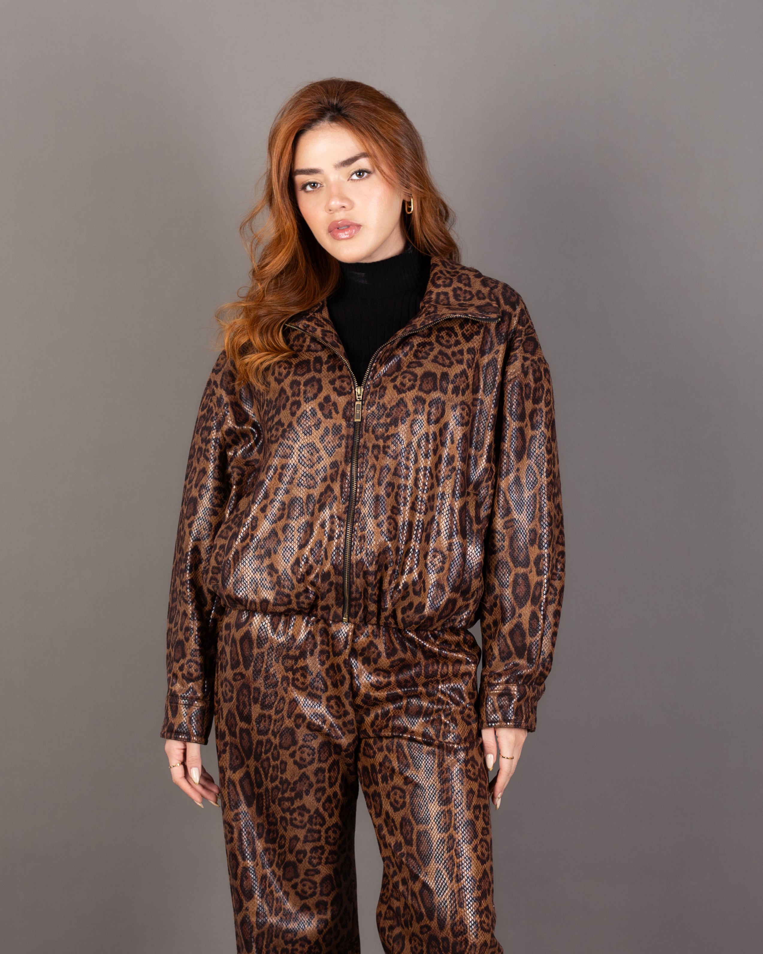 Tiger Print Zip-Up Jacket - With Elastic Waist