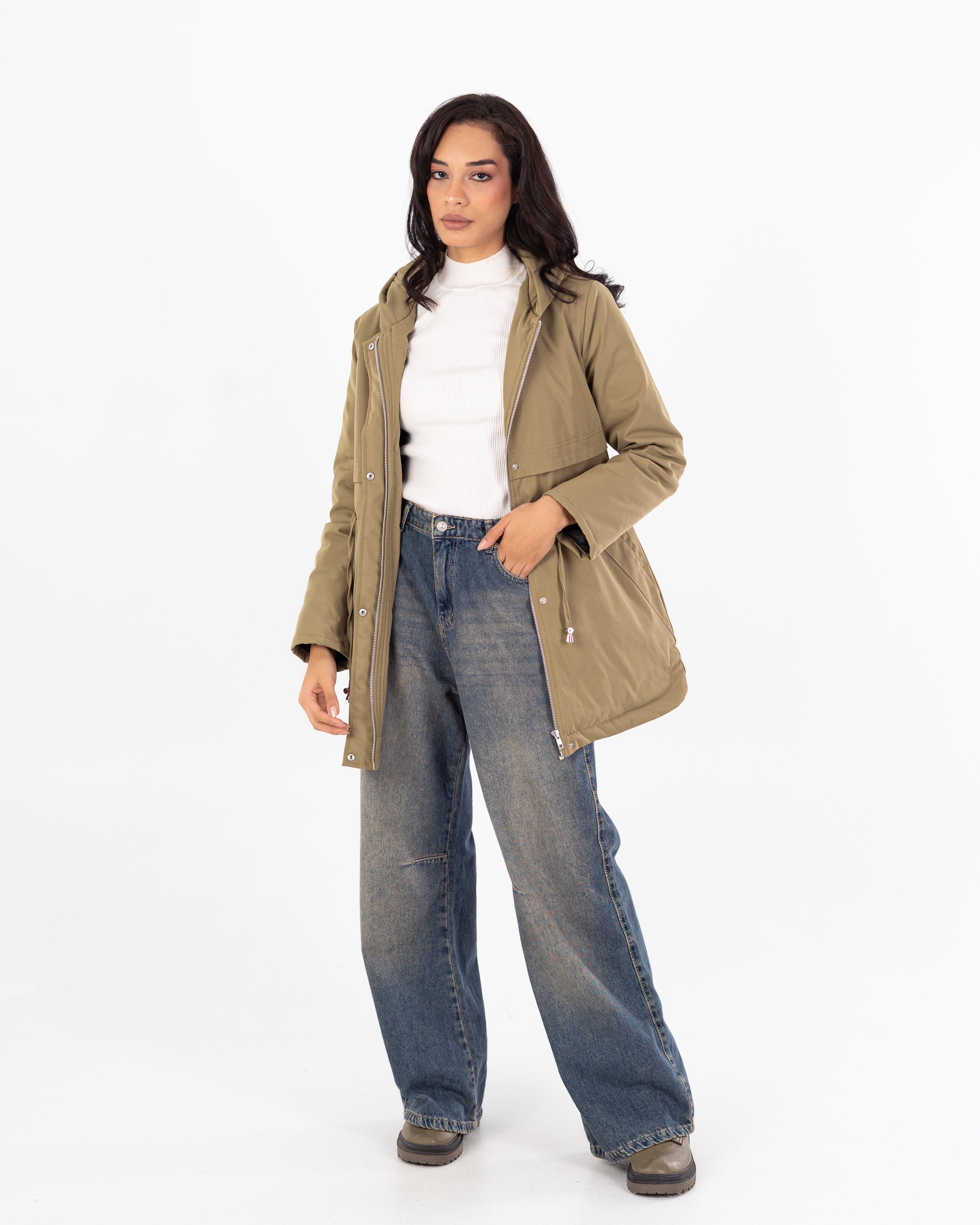 جاكيت طويل من الجبردين – بغطاء رأس (سحّاب وأزرار كبسولة)