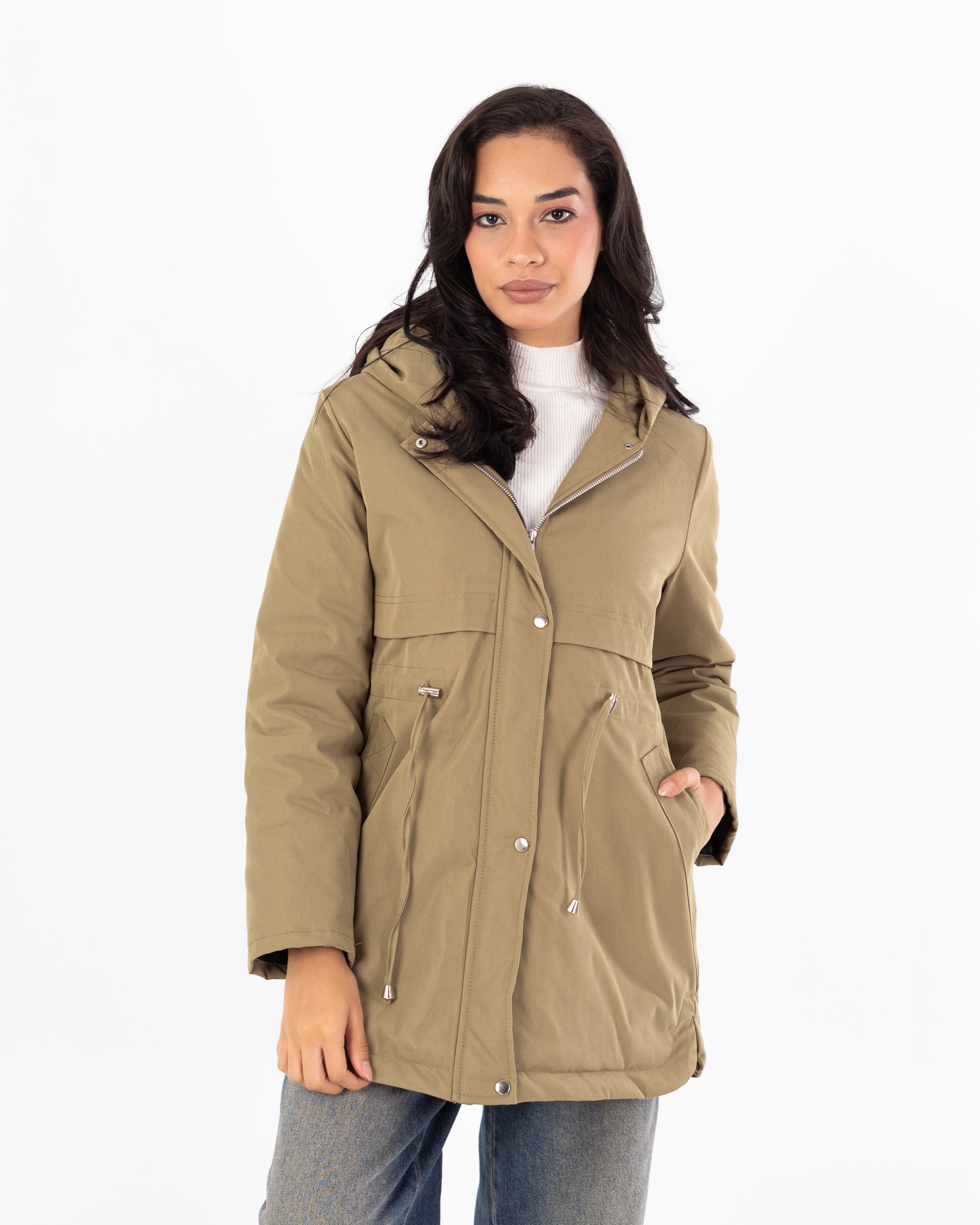 جاكيت طويل من الجبردين – بغطاء رأس (سحّاب وأزرار كبسولة)