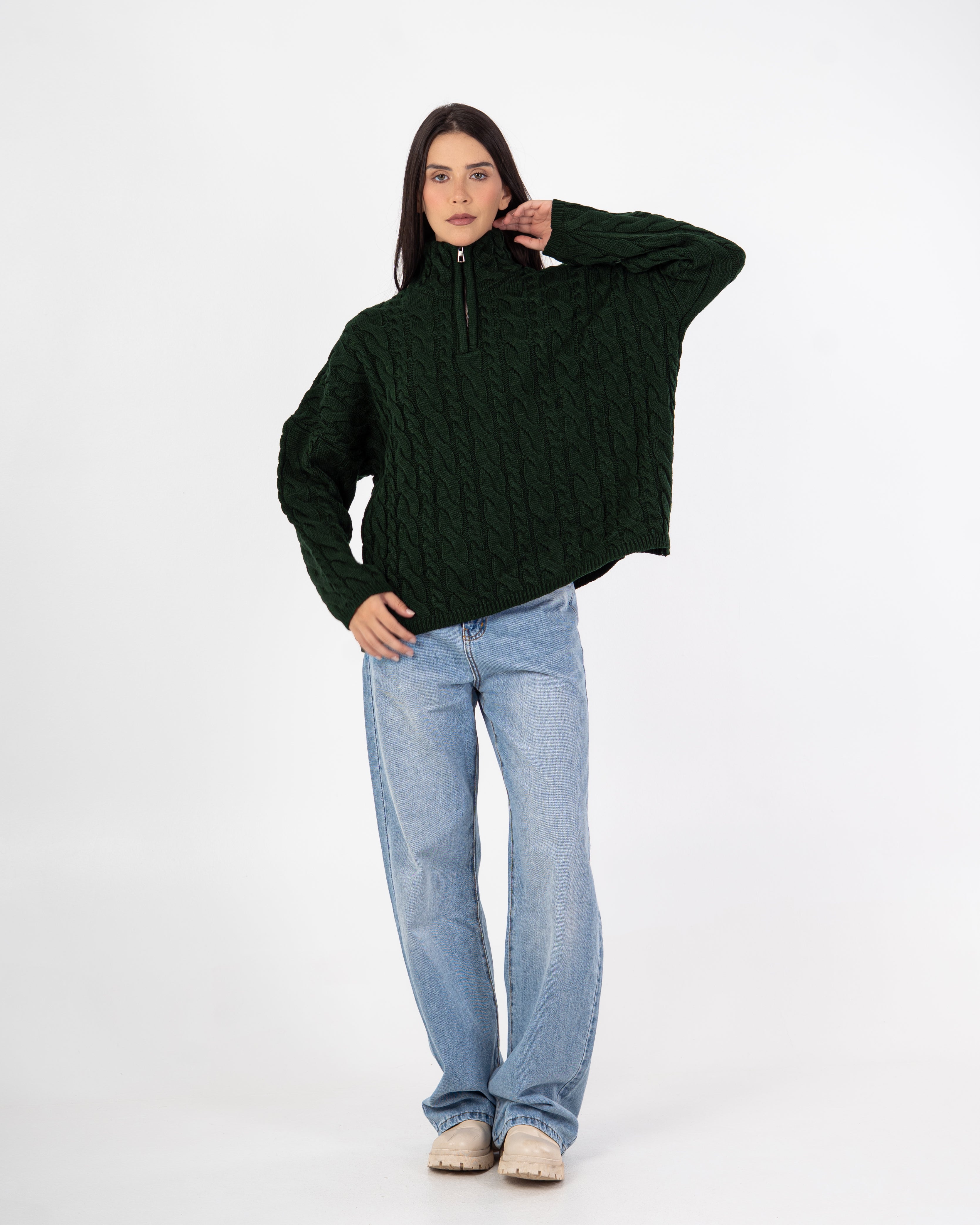 Knitwear Pullover – Braided Pattern (With Zipper Neck)