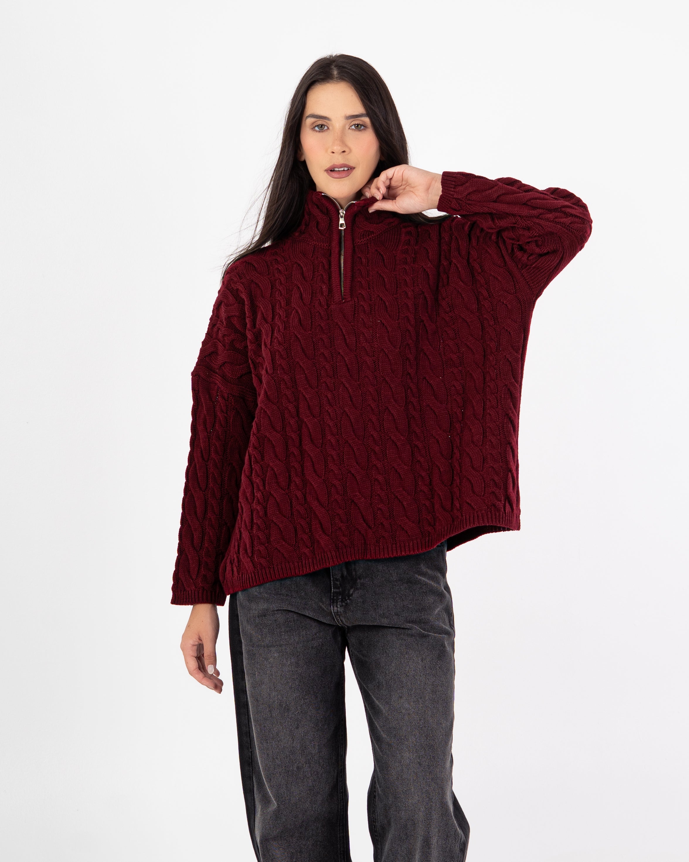 Knitwear Pullover – Braided Pattern (With Zipper Neck)