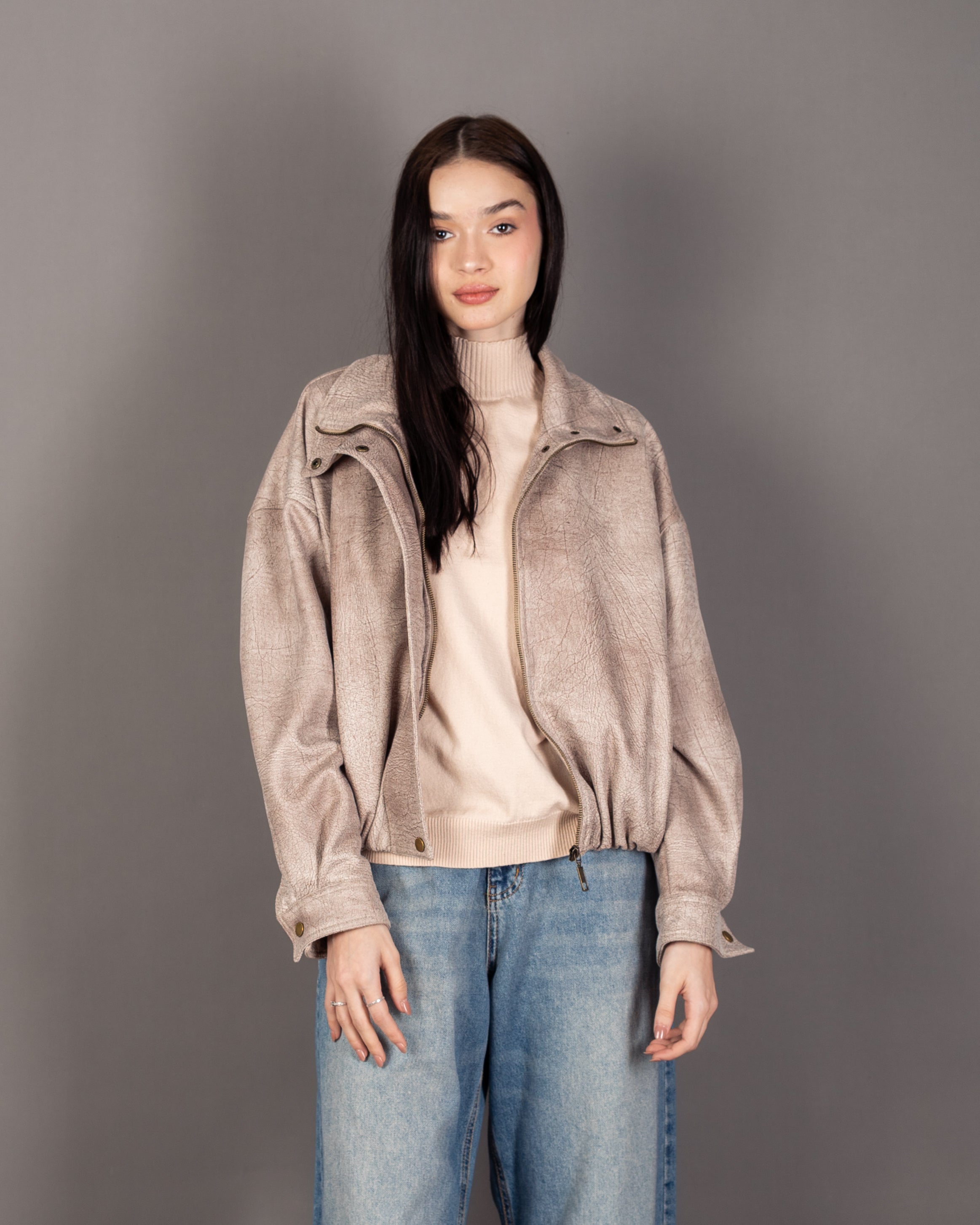 Plain Zip-Up Jacket With Snap Collar