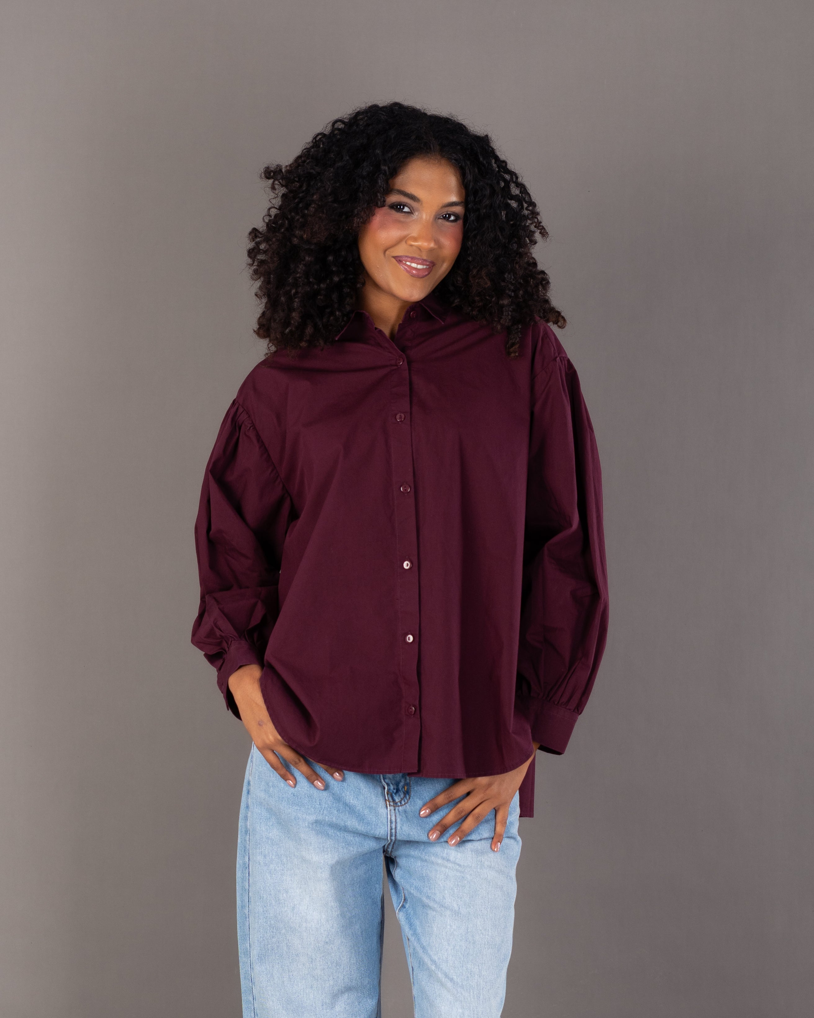 Plain Shirt With Crinkled - Sleeves And Cuffs