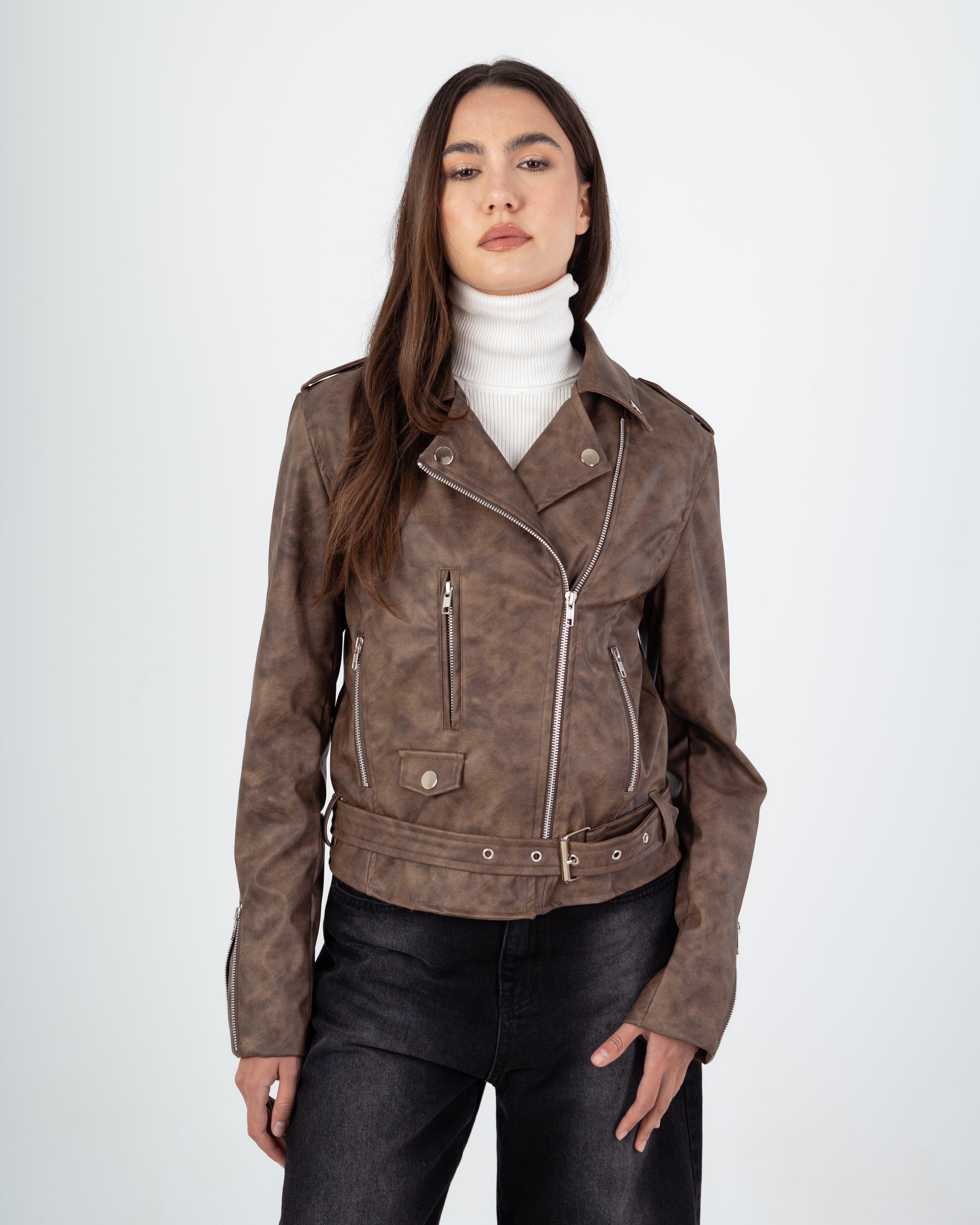 Leather Jacket - With Zippers ( Belt )