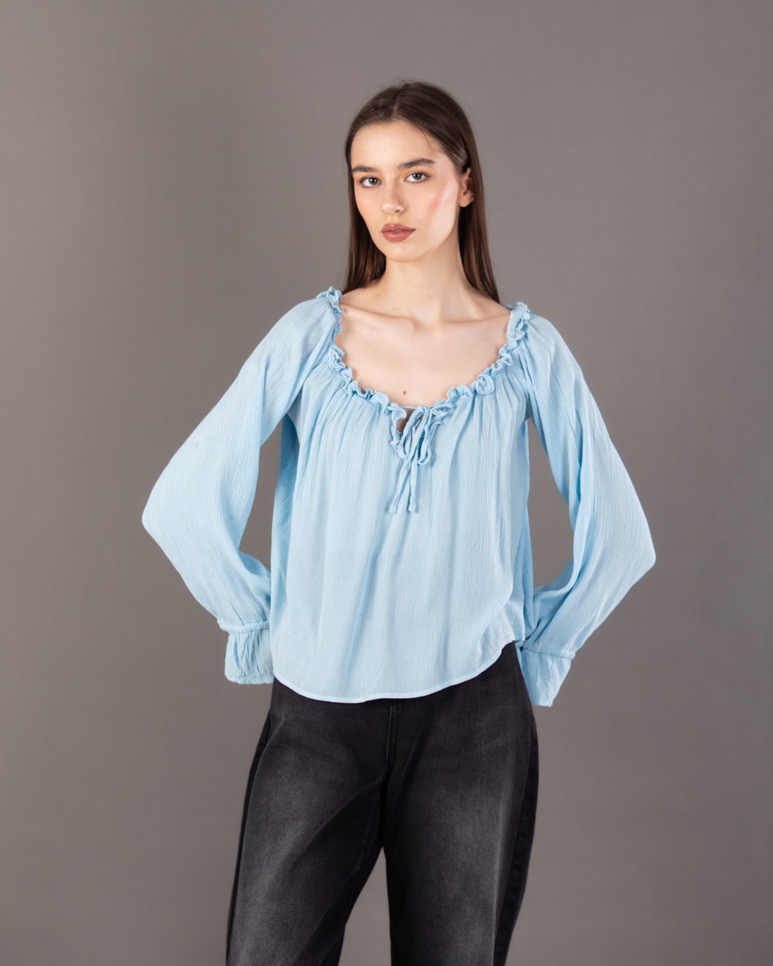 Plain Open Neck - Blouse With Tie