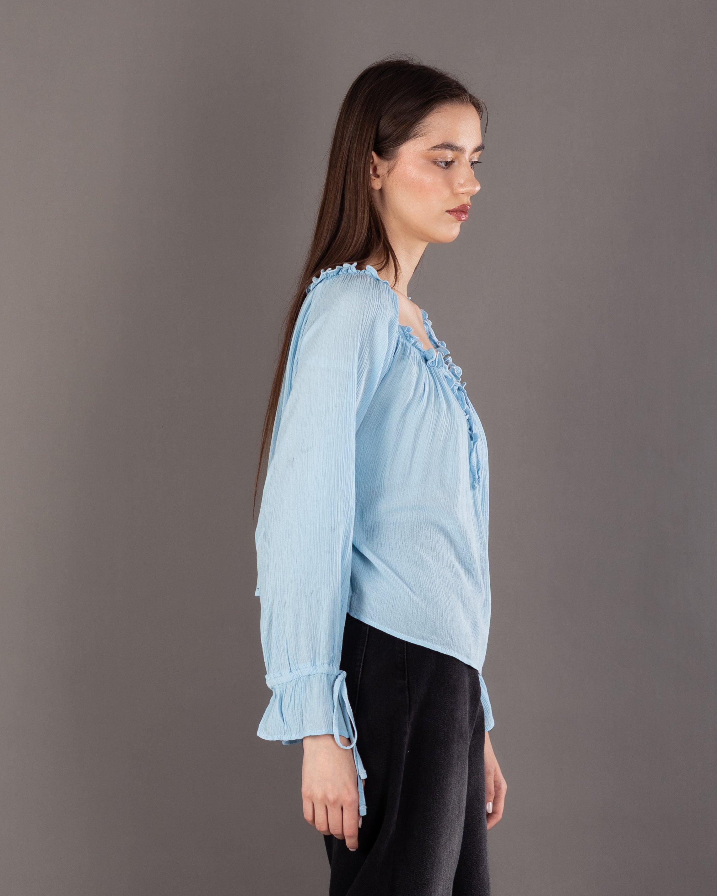 Plain Open Neck - Blouse With Tie