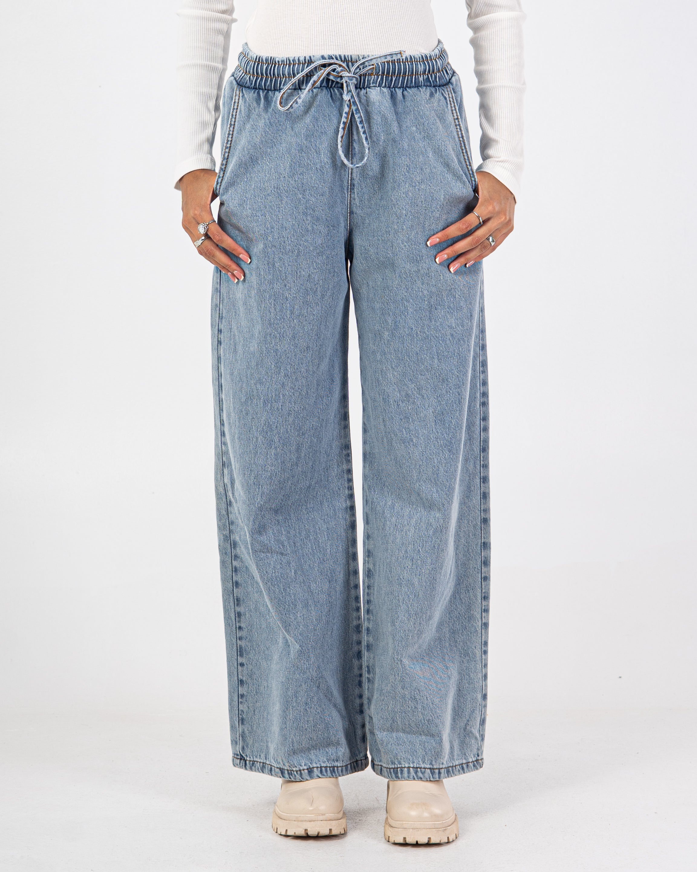 بنطال جينز برباط خصر – (ساق واسعة، سادة)