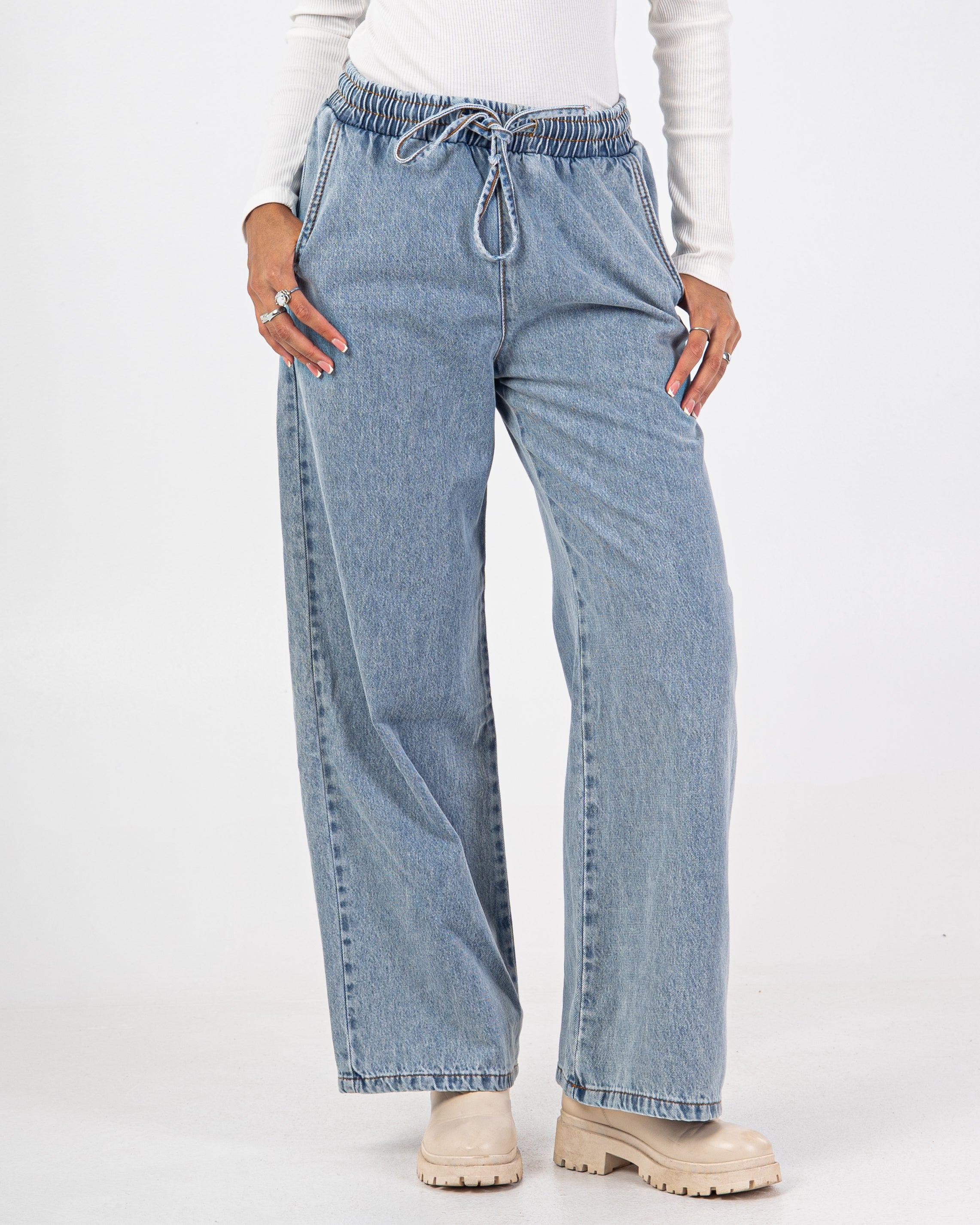 بنطال جينز برباط خصر – (ساق واسعة، سادة)