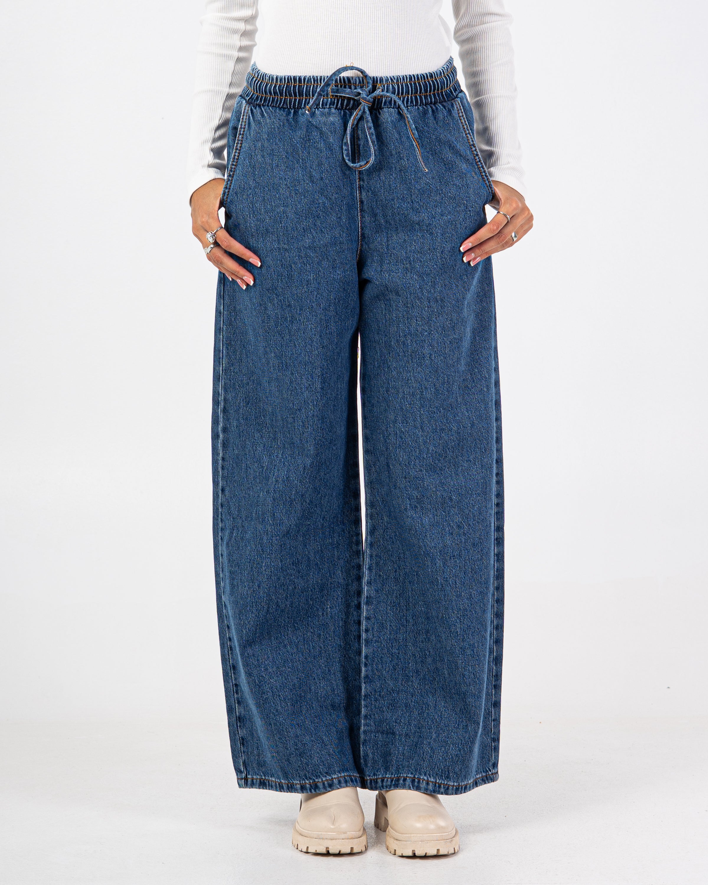 بنطال جينز برباط خصر – (ساق واسعة، سادة)