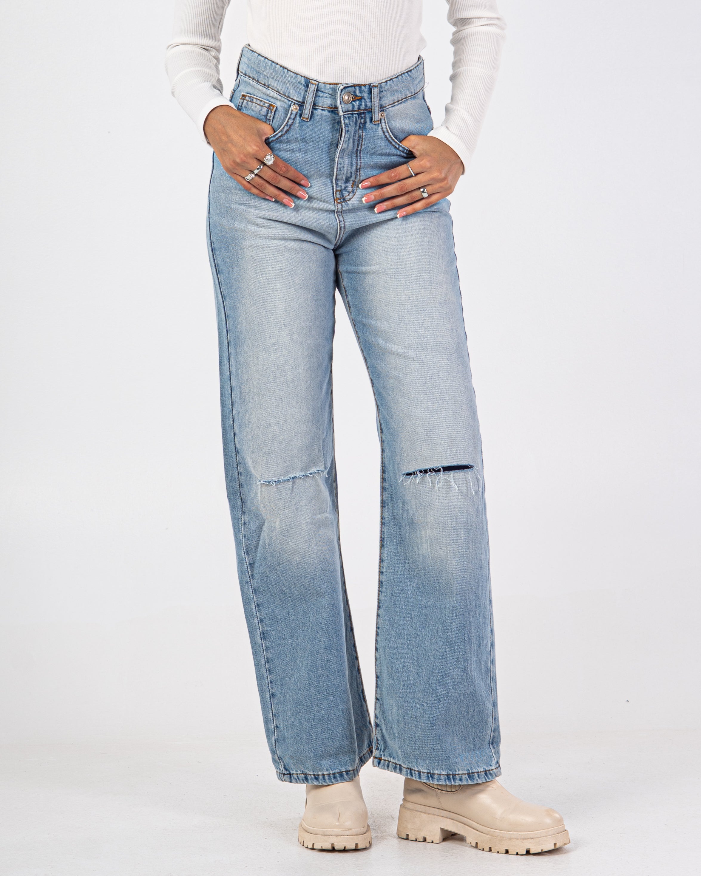 Wide-Leg Denim Trouser - With Knee Cut