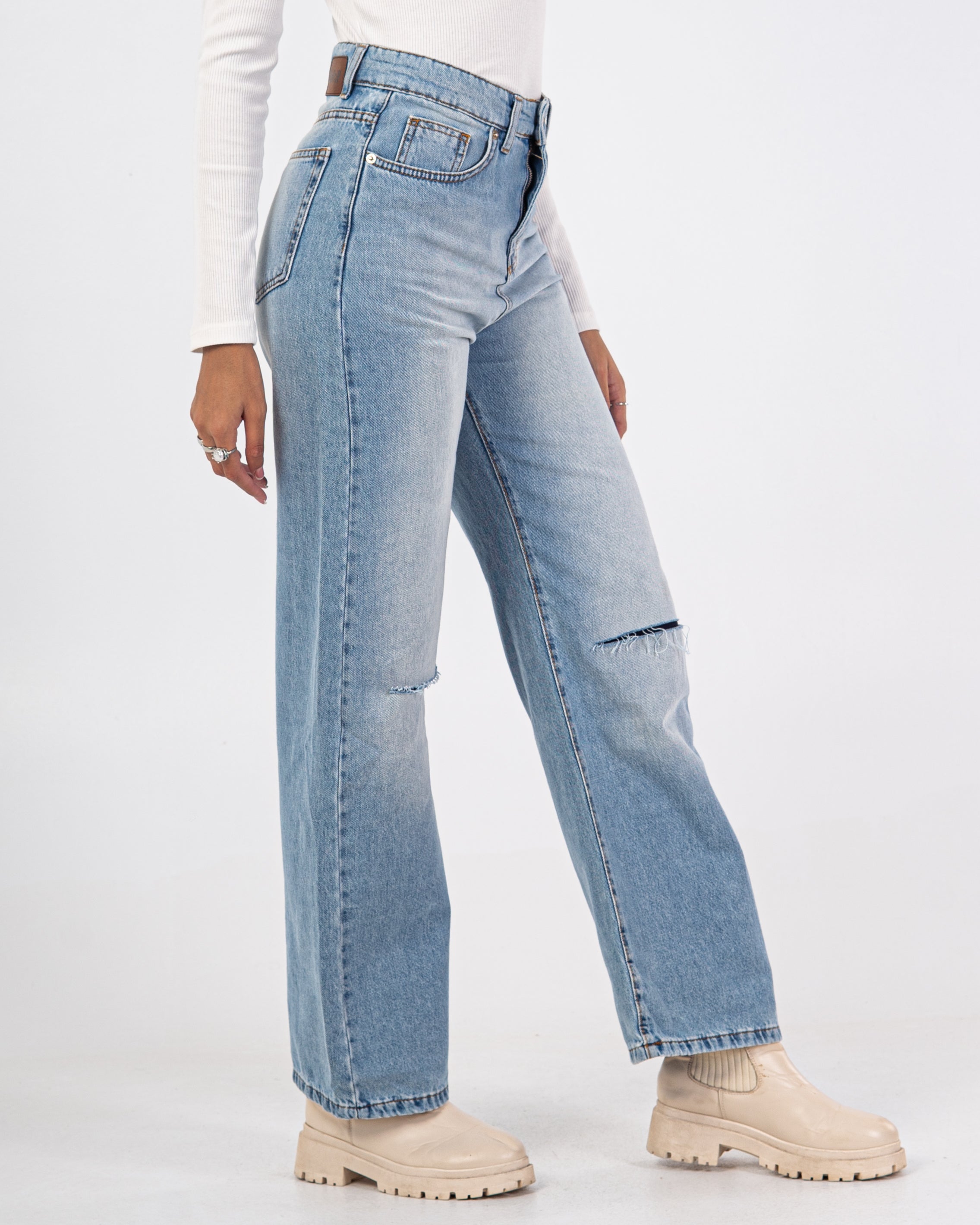 Wide-Leg Denim Trouser - With Knee Cut