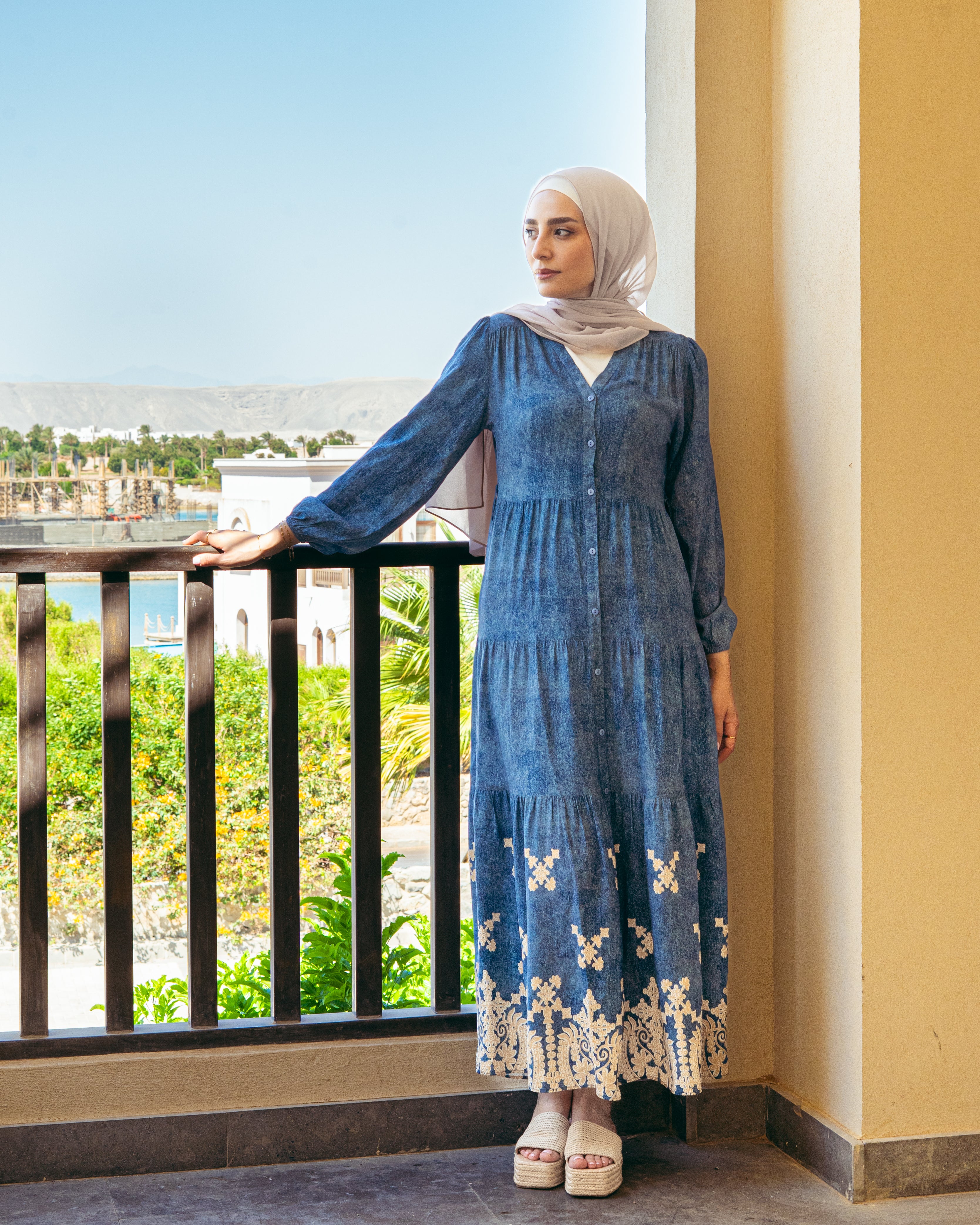 Long Dress – Floral Design ( Buttoned )