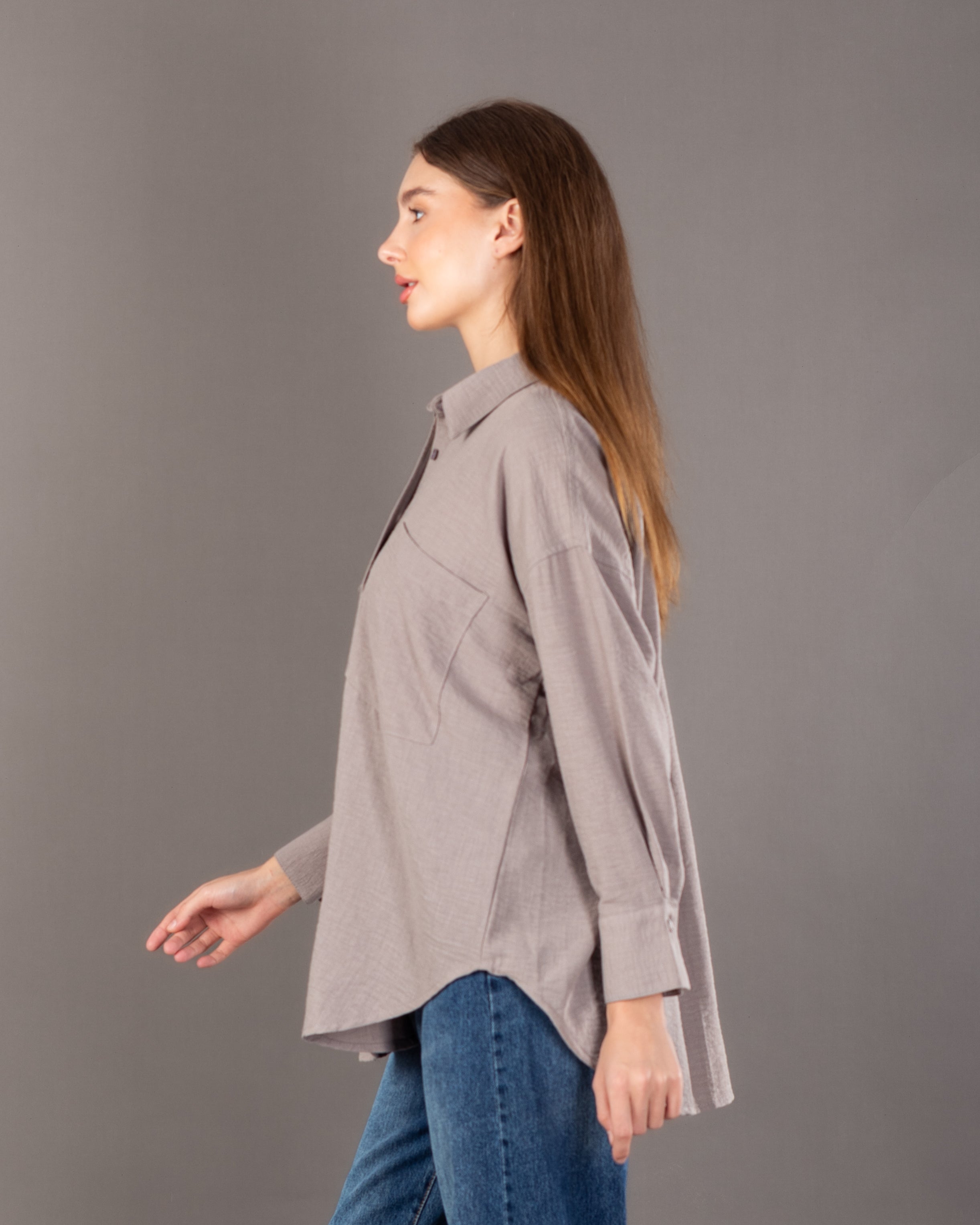 قميص كتان سادة - بجيب صدر كبير