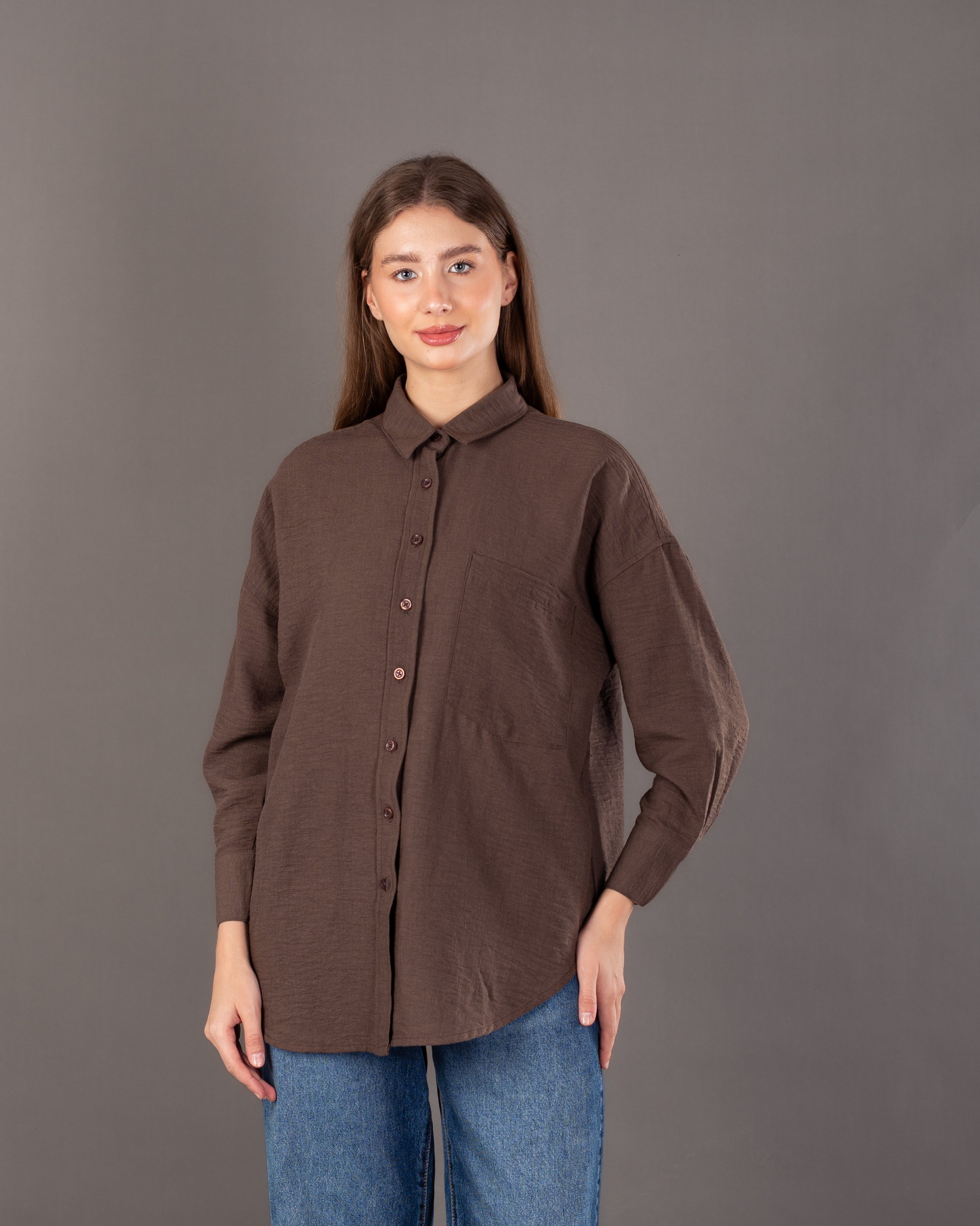 قميص كتان سادة - بجيب صدر كبير