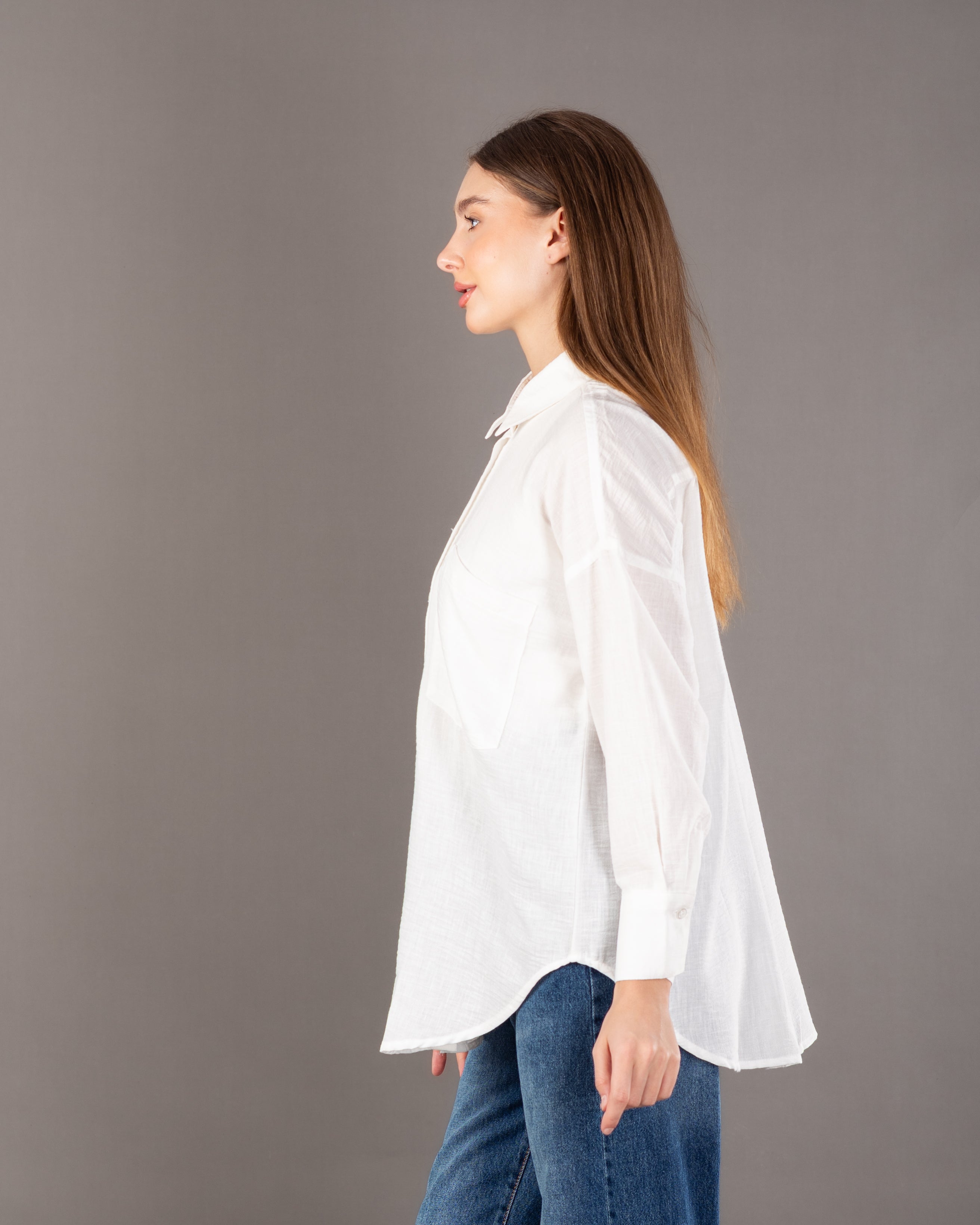 قميص كتان سادة - بجيب صدر كبير