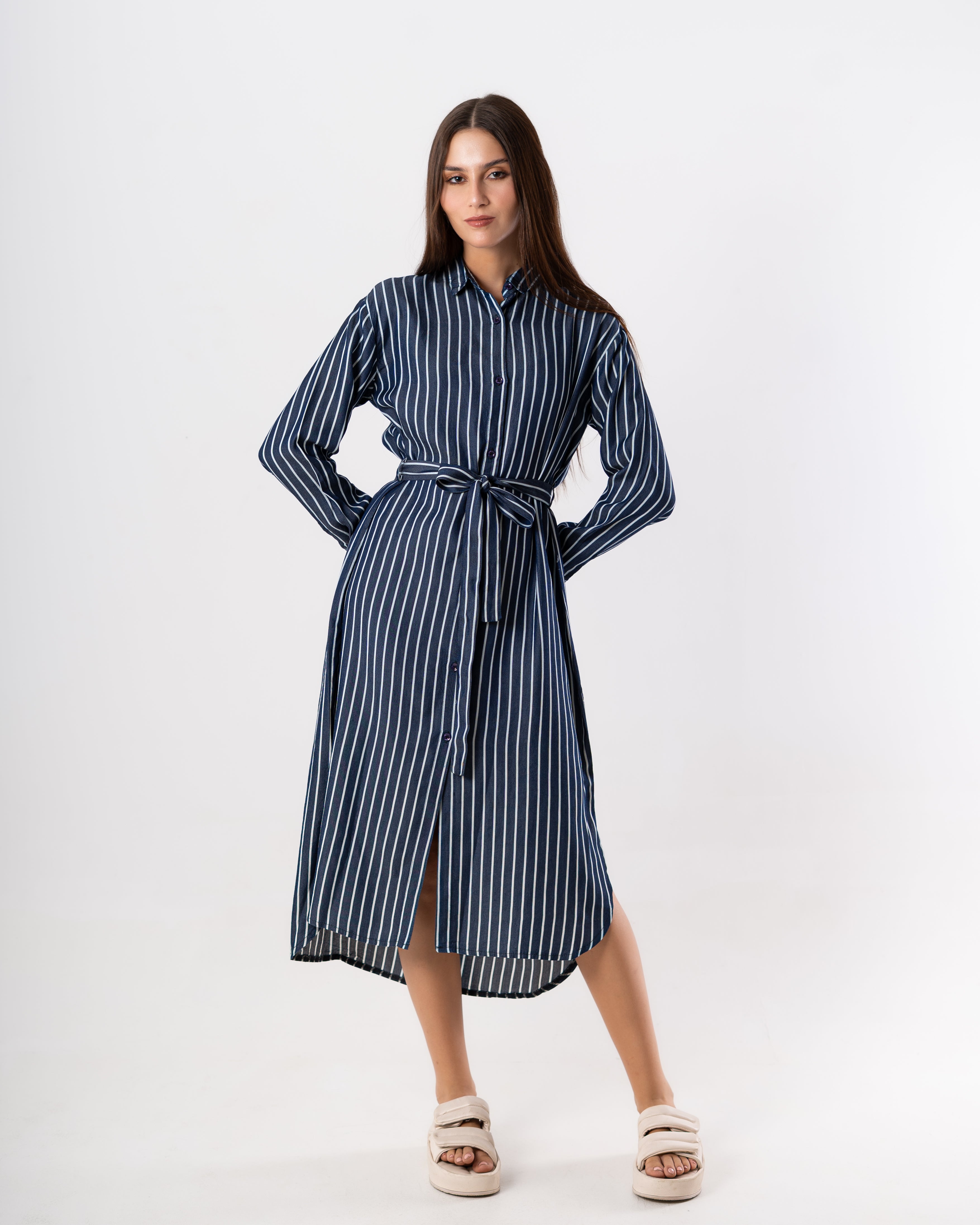 Plain Belted Dress – Vertical Thin Stripes