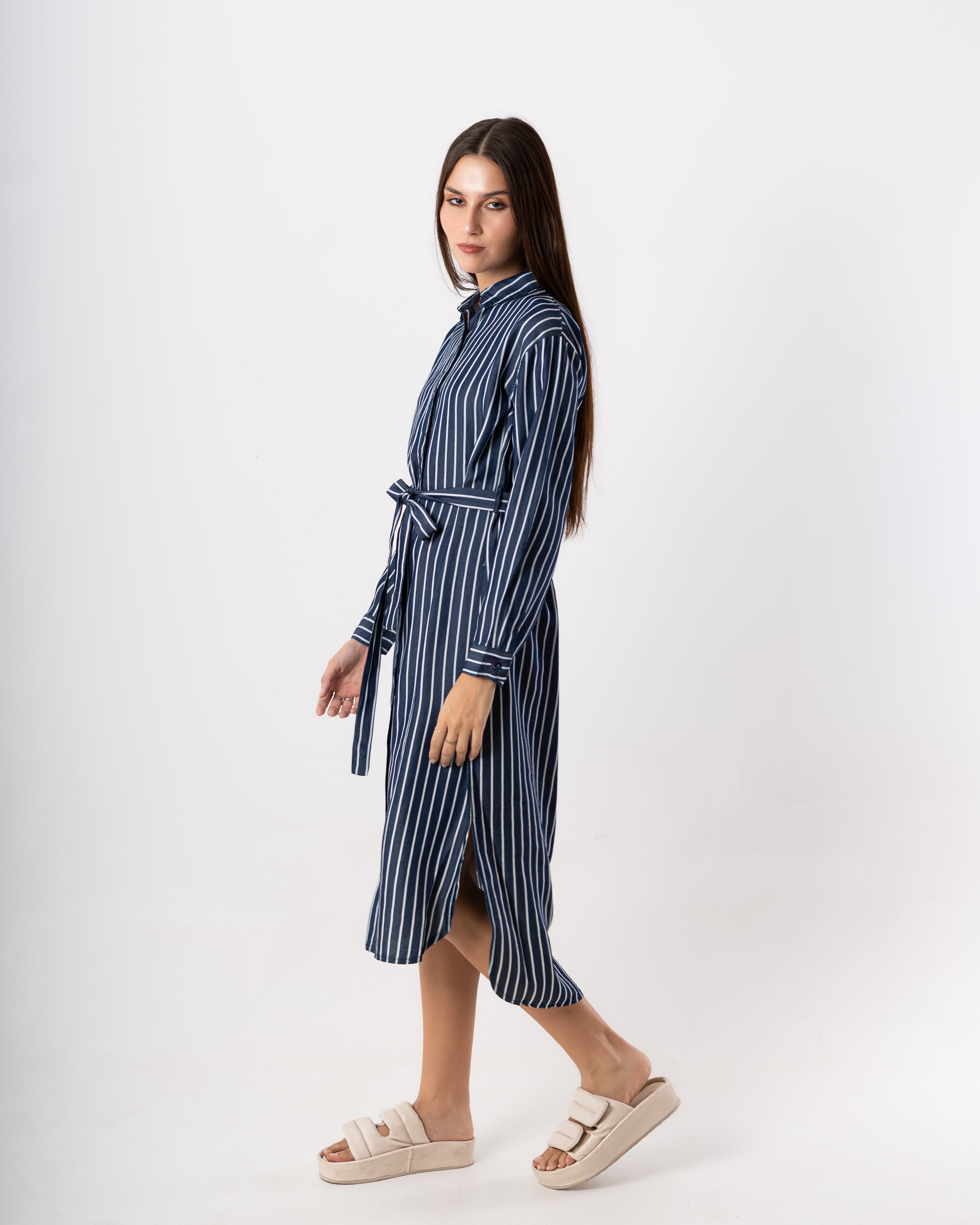 Plain Belted Dress – Vertical Thin Stripes