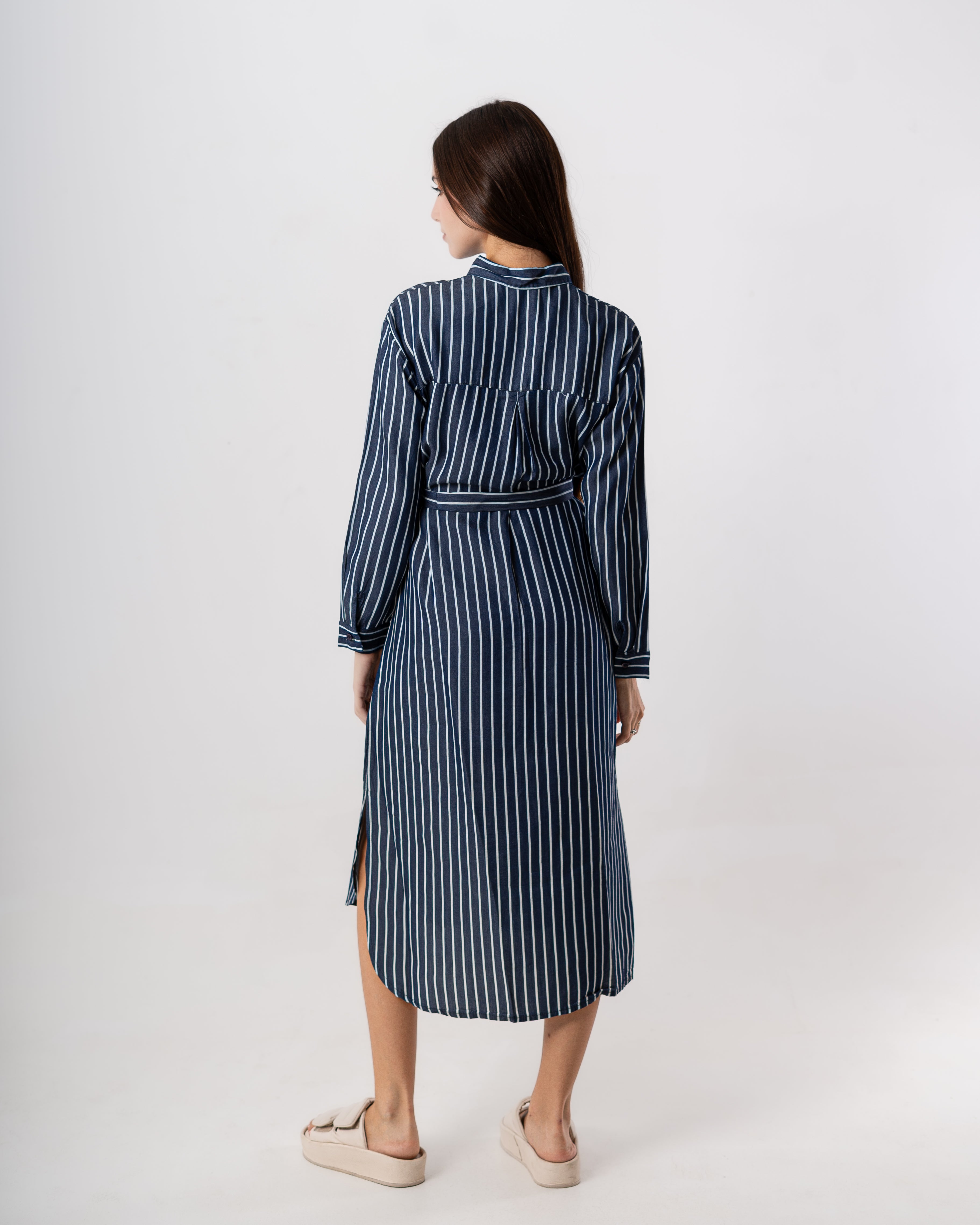Plain Belted Dress – Vertical Thin Stripes