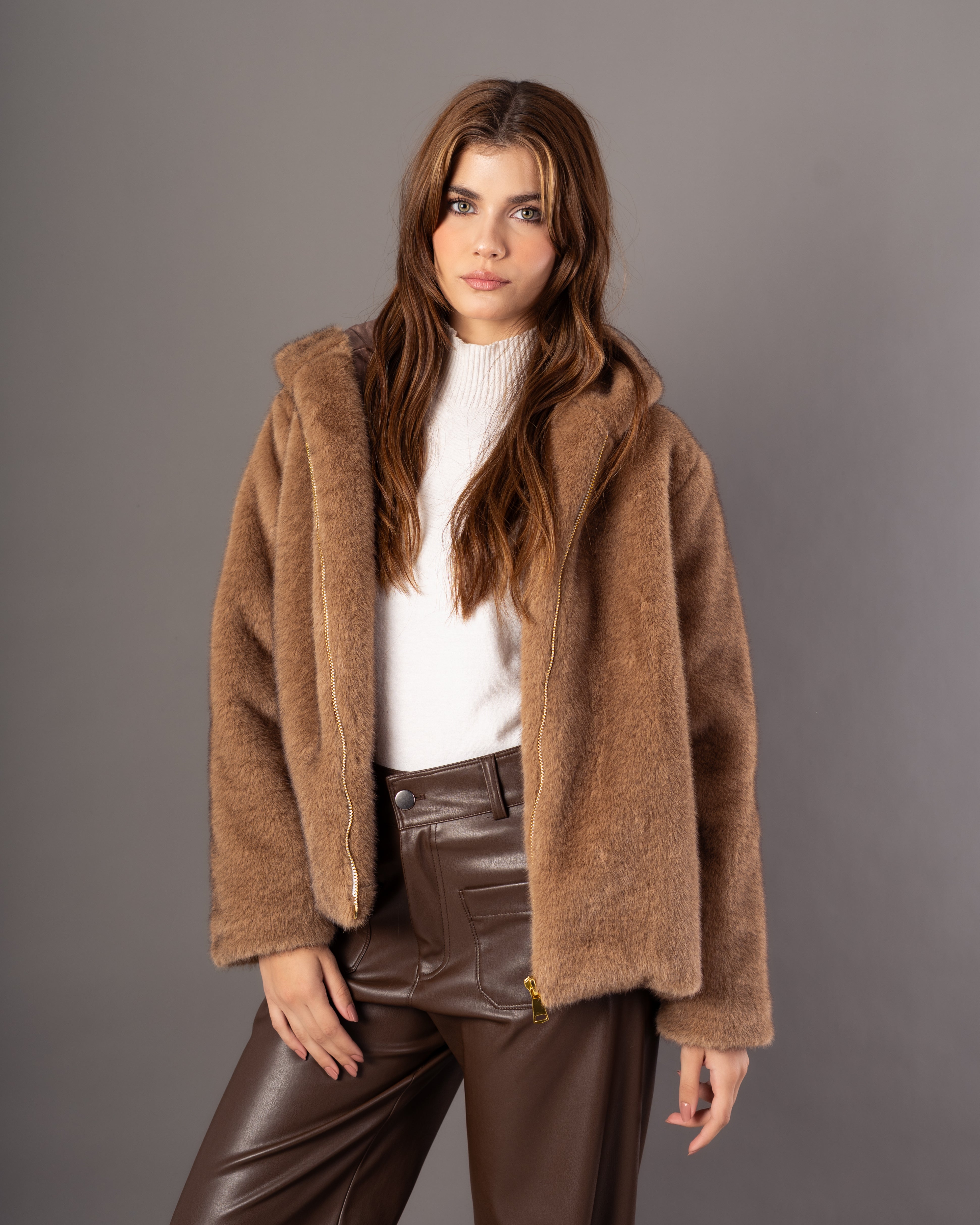 Plain Fur Jacket – Hooded Zipper (Soft Fur)