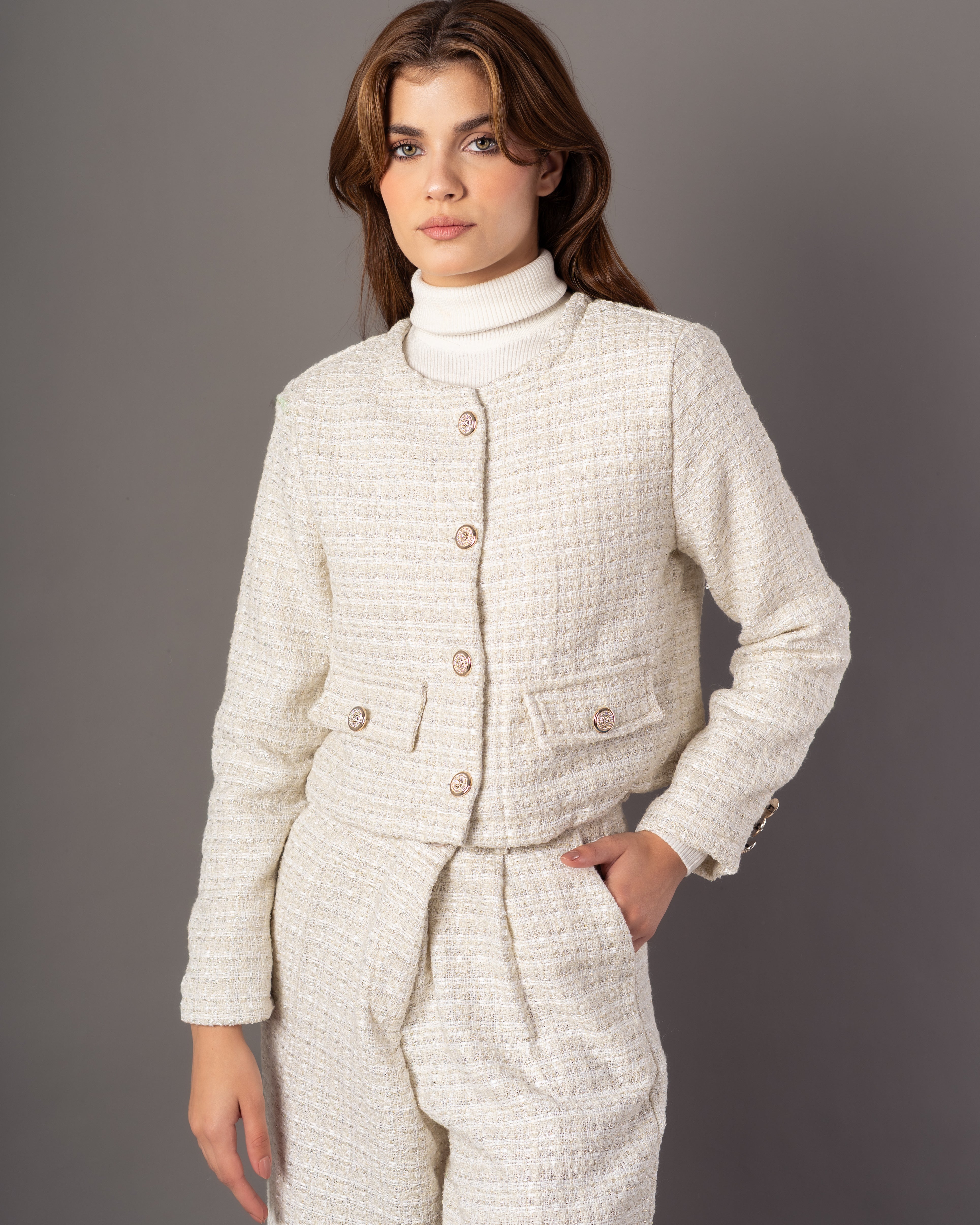 Short Jacket – Statement Buttons (Round Neck)