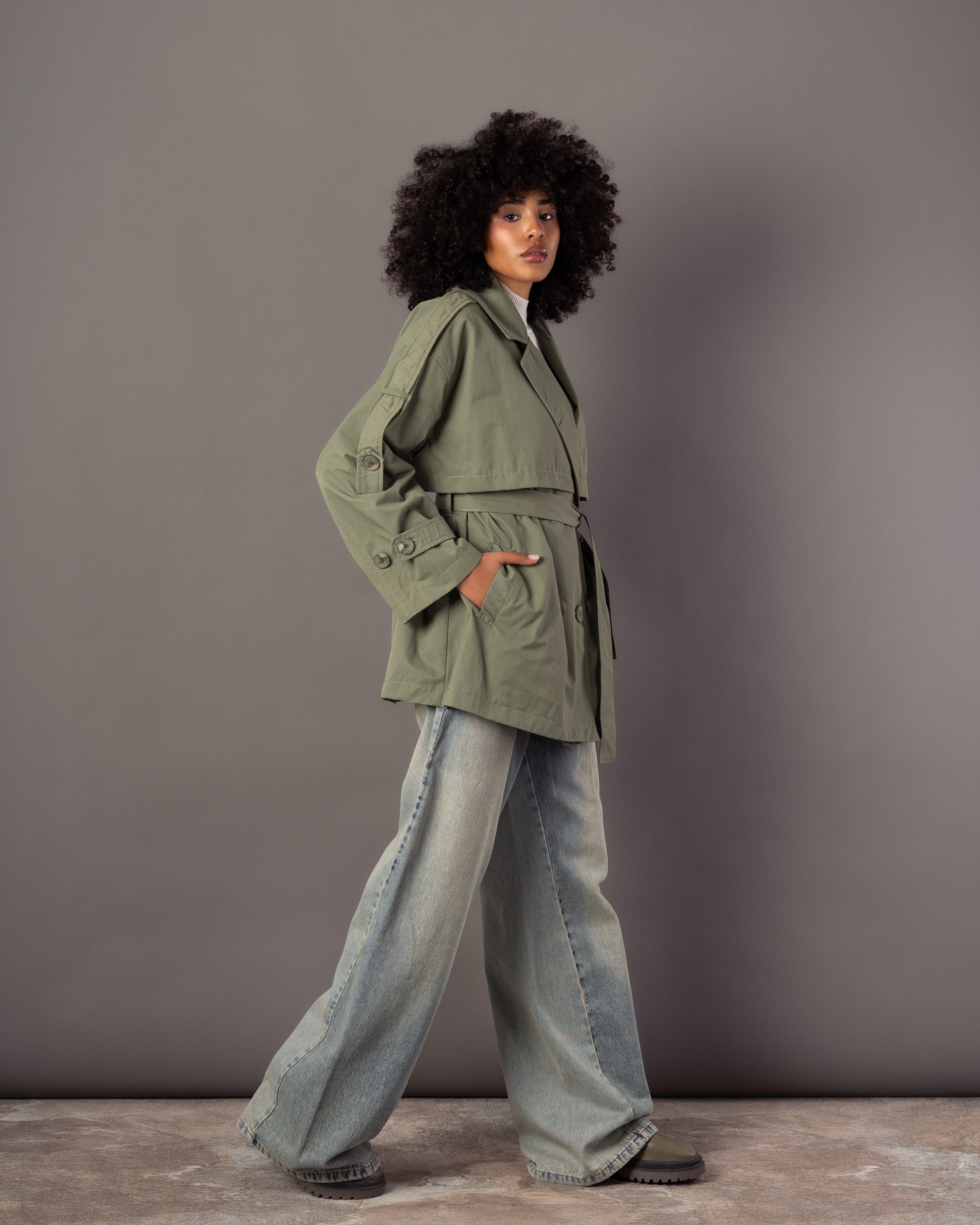 Gabardine Jacket – With Belt (Sleeve Buttons, Chest Detail)