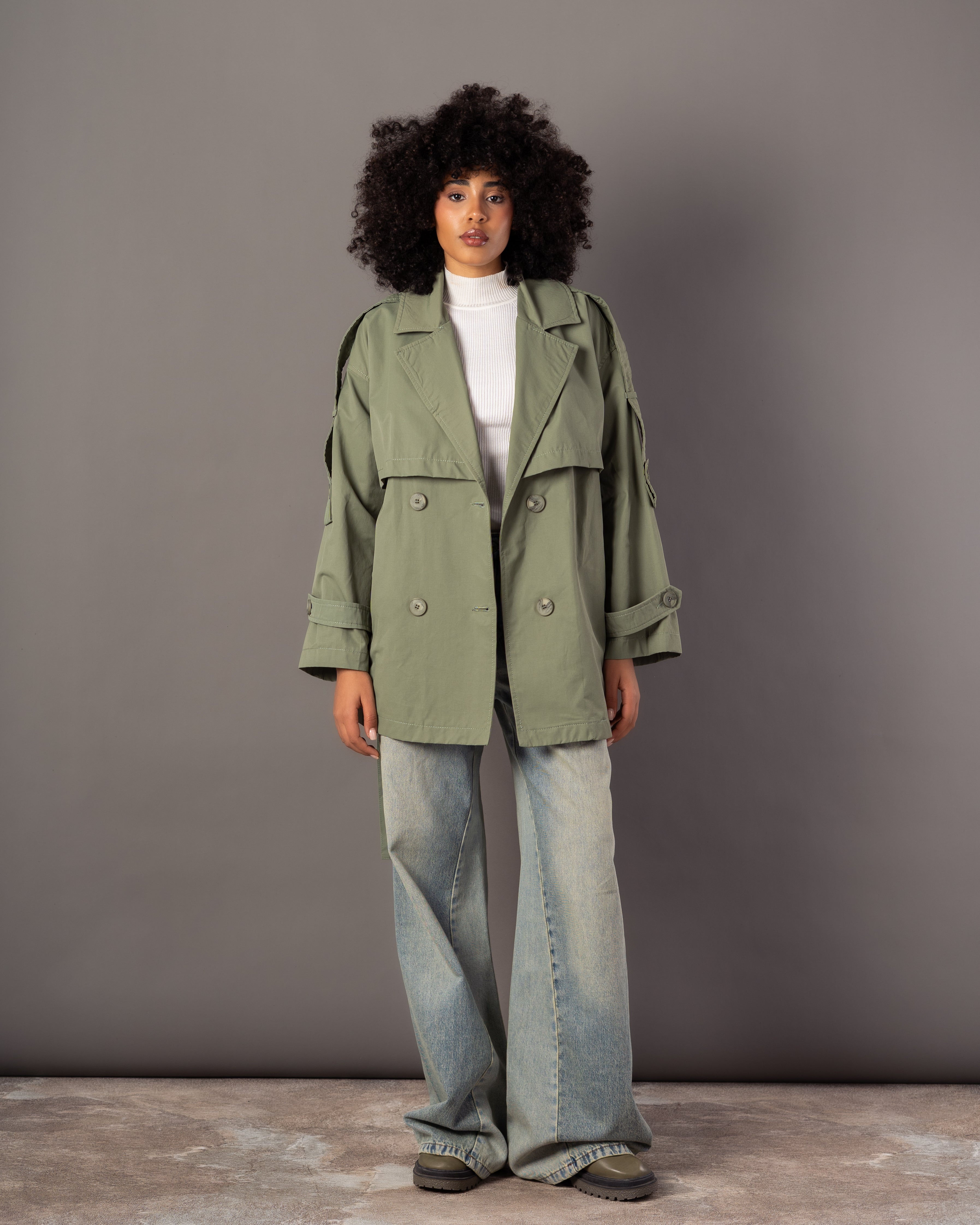 Gabardine Jacket – With Belt (Sleeve Buttons, Chest Detail)