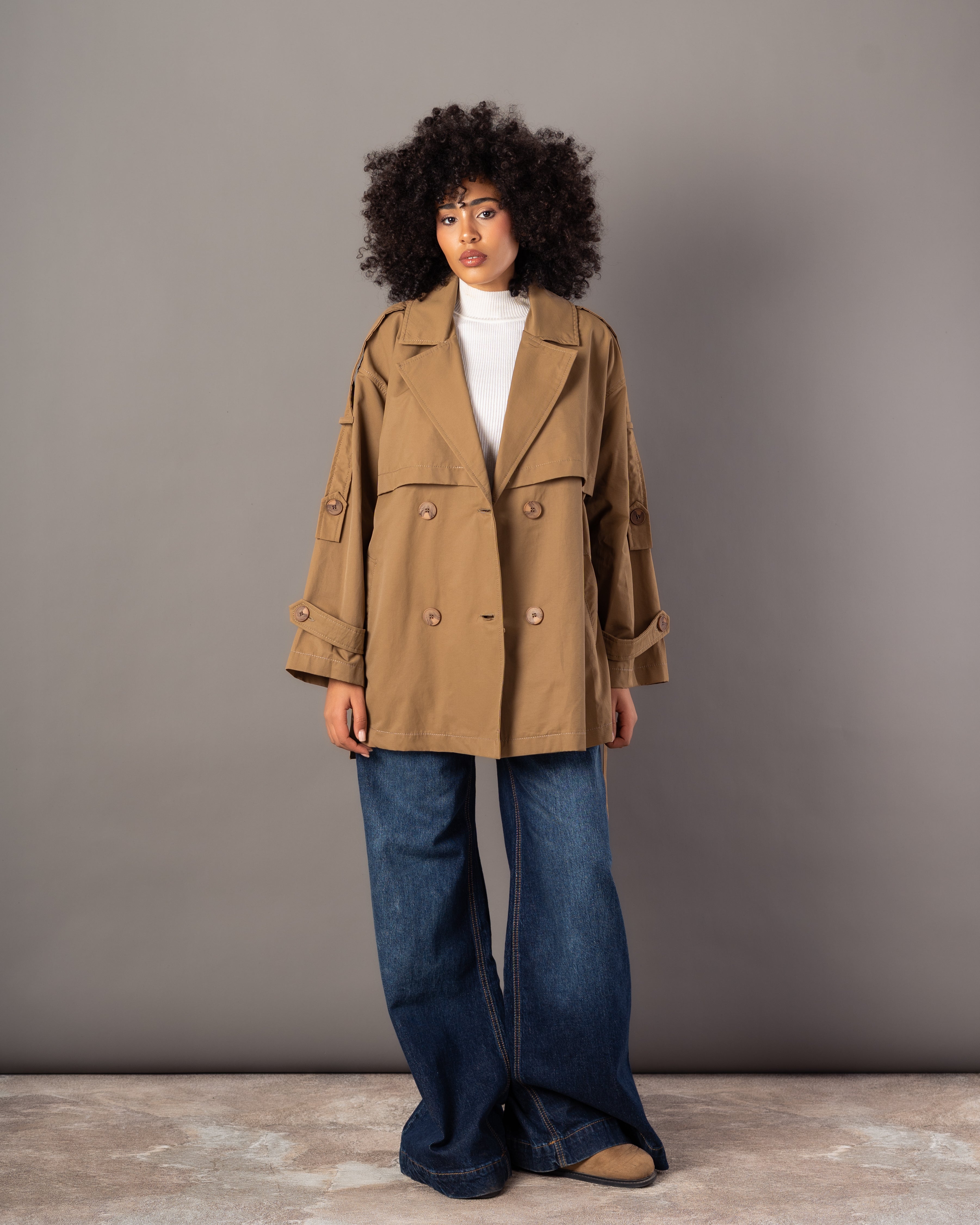 Gabardine Jacket – With Belt (Sleeve Buttons, Chest Detail)