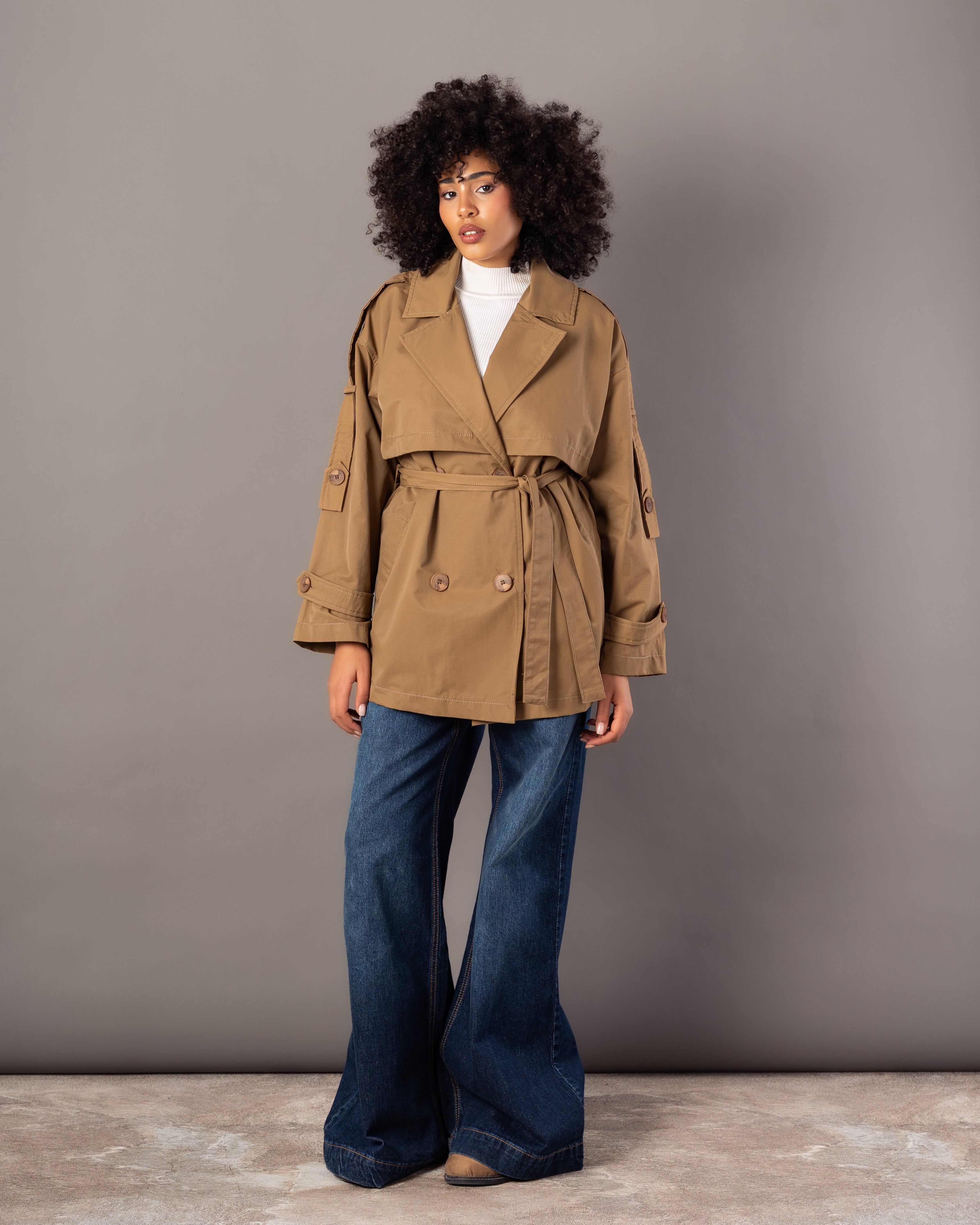 Gabardine Jacket – With Belt (Sleeve Buttons, Chest Detail)