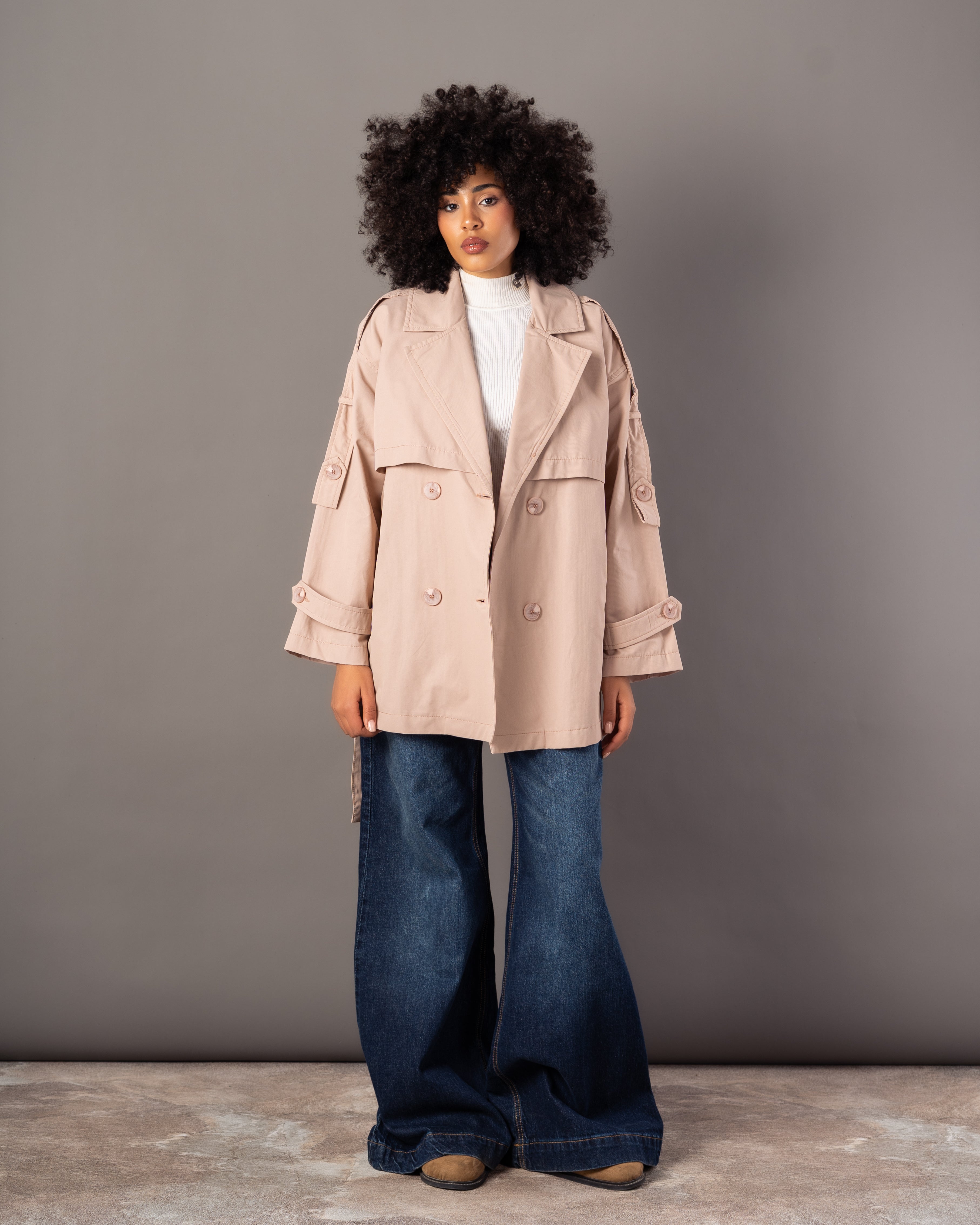 Gabardine Jacket – With Belt (Sleeve Buttons, Chest Detail)