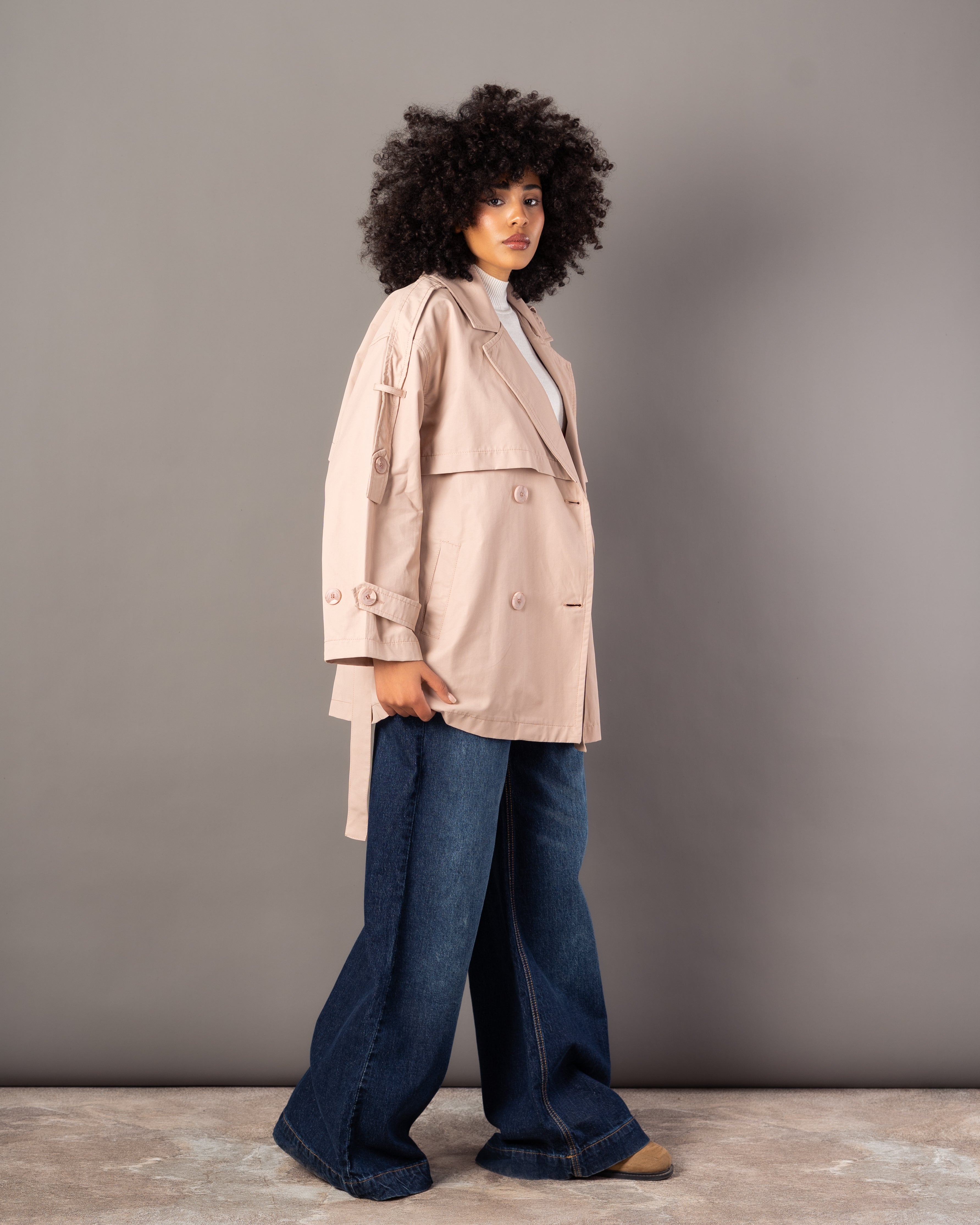 Gabardine Jacket – With Belt (Sleeve Buttons, Chest Detail)