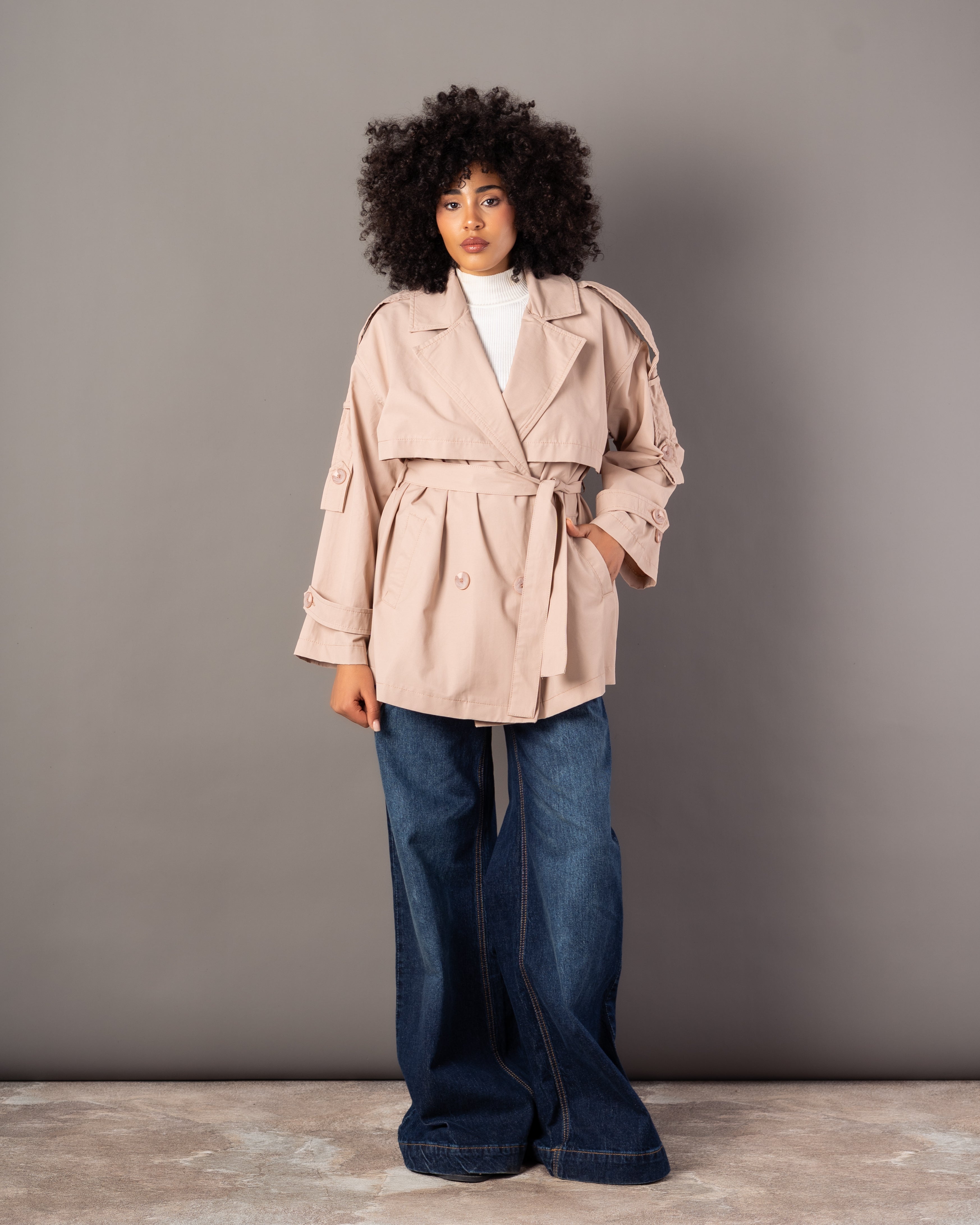 Gabardine Jacket – With Belt (Sleeve Buttons, Chest Detail)