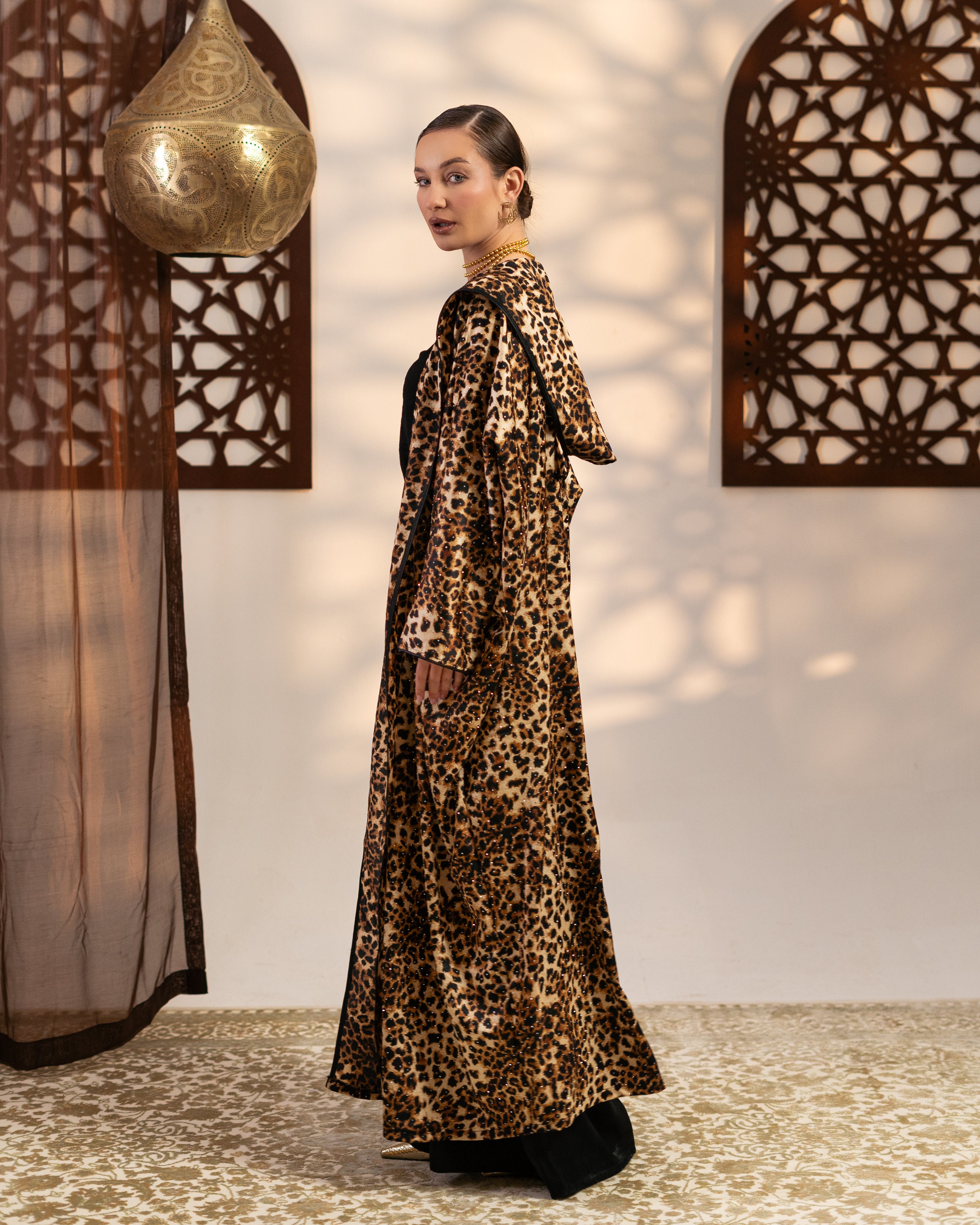 Satin Caftan - With Tiger Print ( Hooded  )