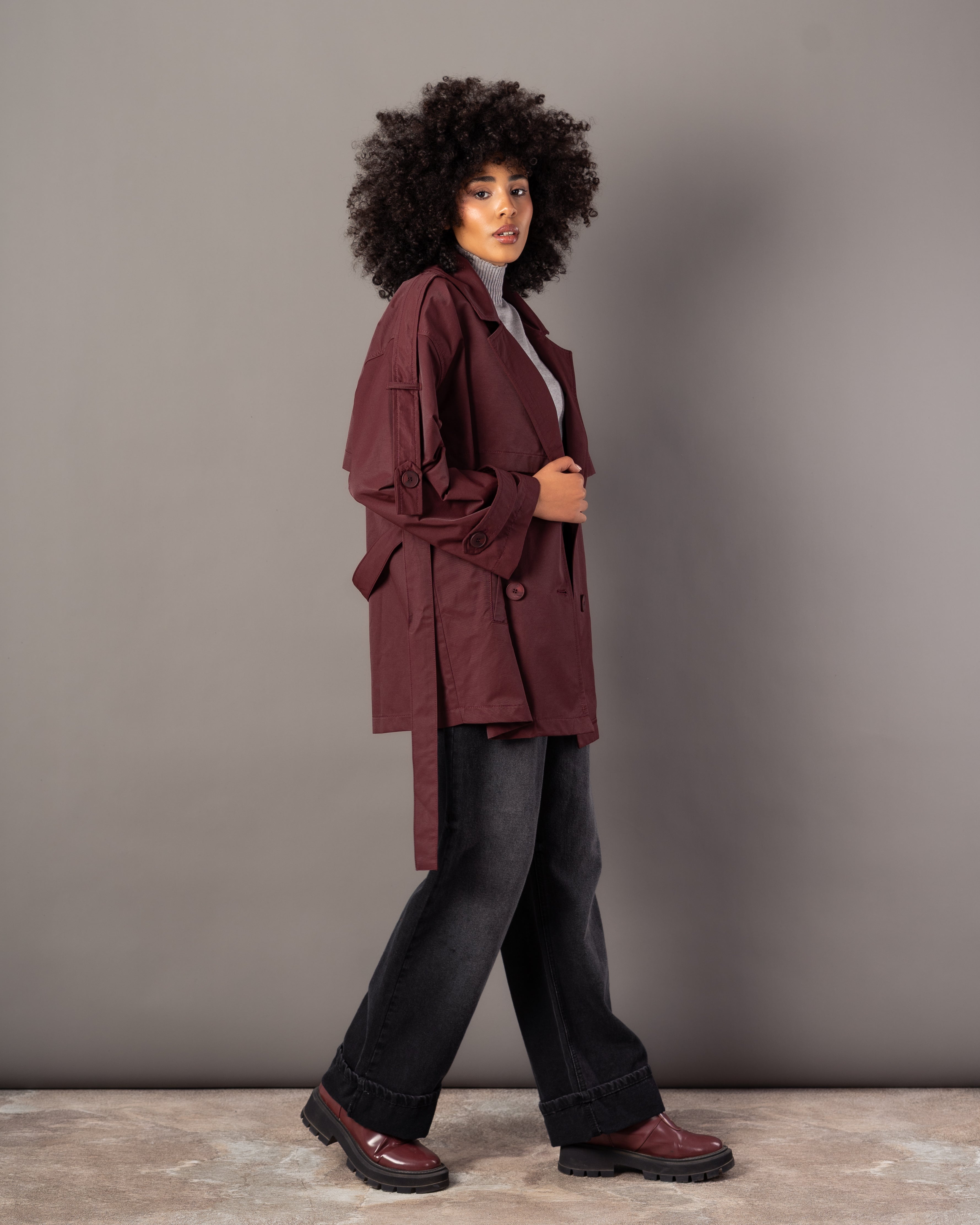 Gabardine Jacket – With Belt (Sleeve Buttons, Chest Detail)