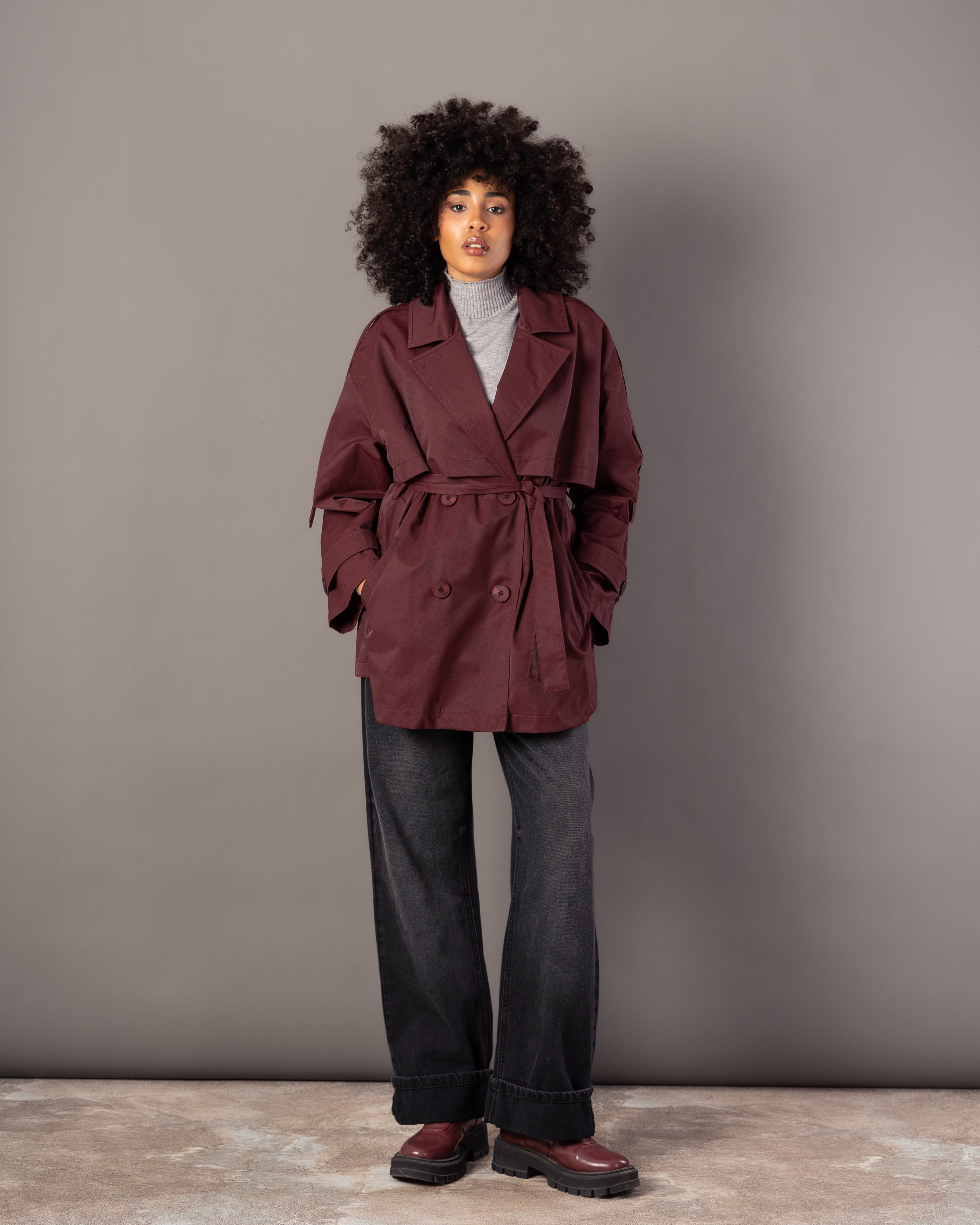 Gabardine Jacket – With Belt (Sleeve Buttons, Chest Detail)