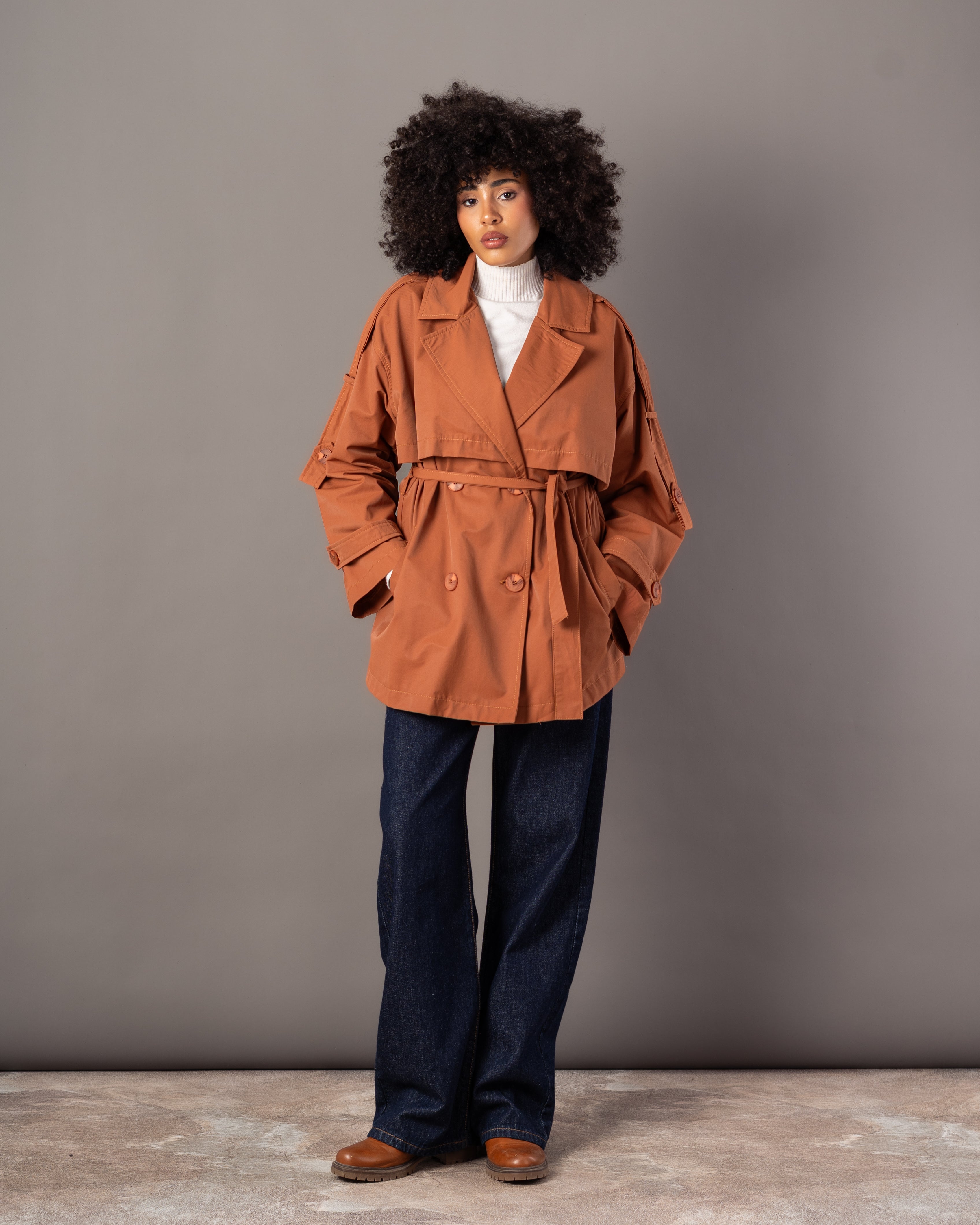 Gabardine Jacket – With Belt (Sleeve Buttons, Chest Detail)